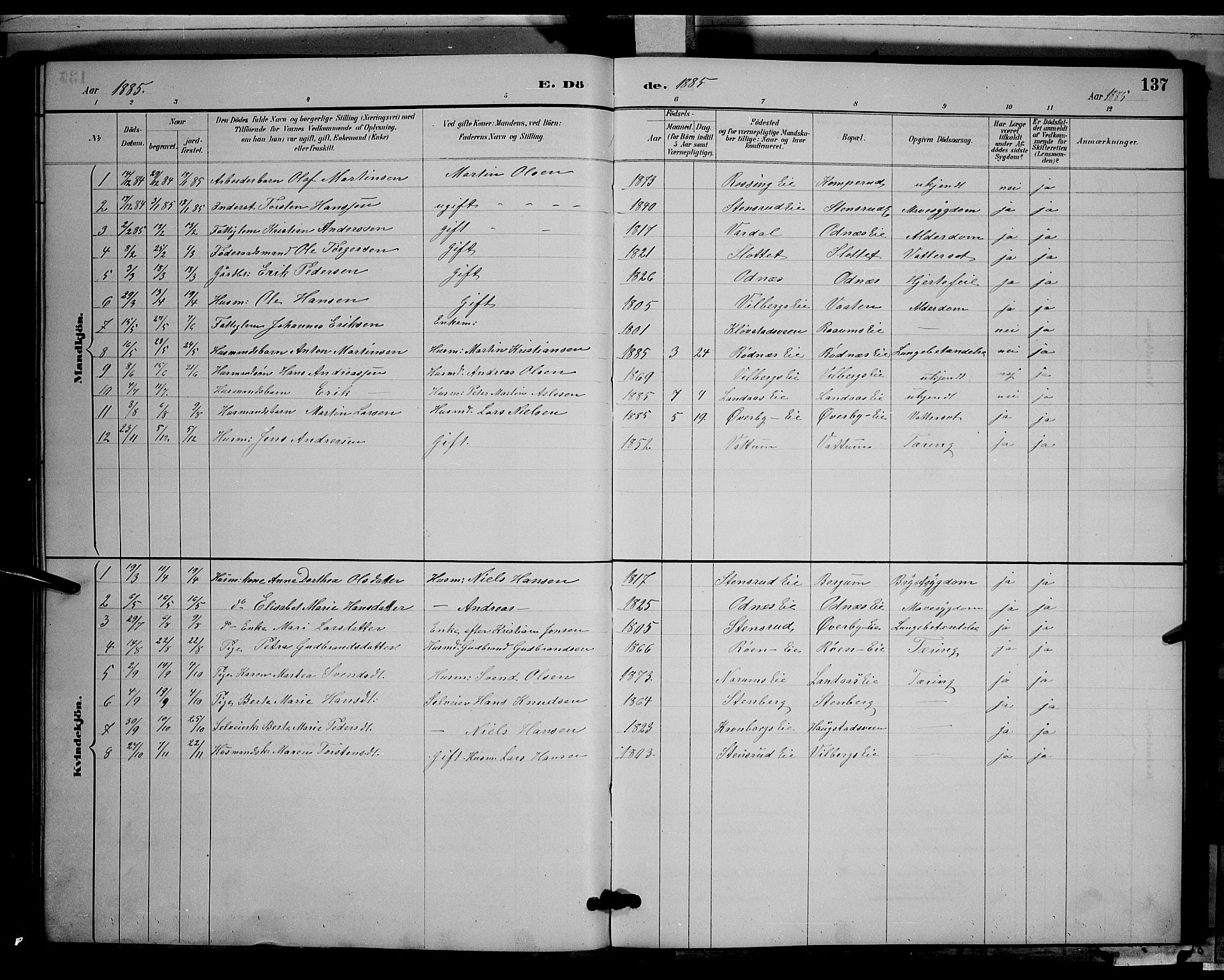 Søndre Land prestekontor, SAH/PREST-122/L/L0003: Parish register (copy) no. 3, 1884-1902, p. 137