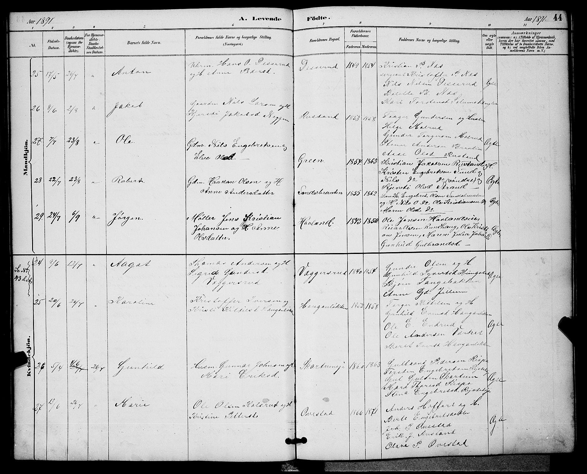 Sigdal kirkebøker, AV/SAKO-A-245/G/Ga/L0005: Parish register (copy) no. I 5, 1886-1900, p. 44