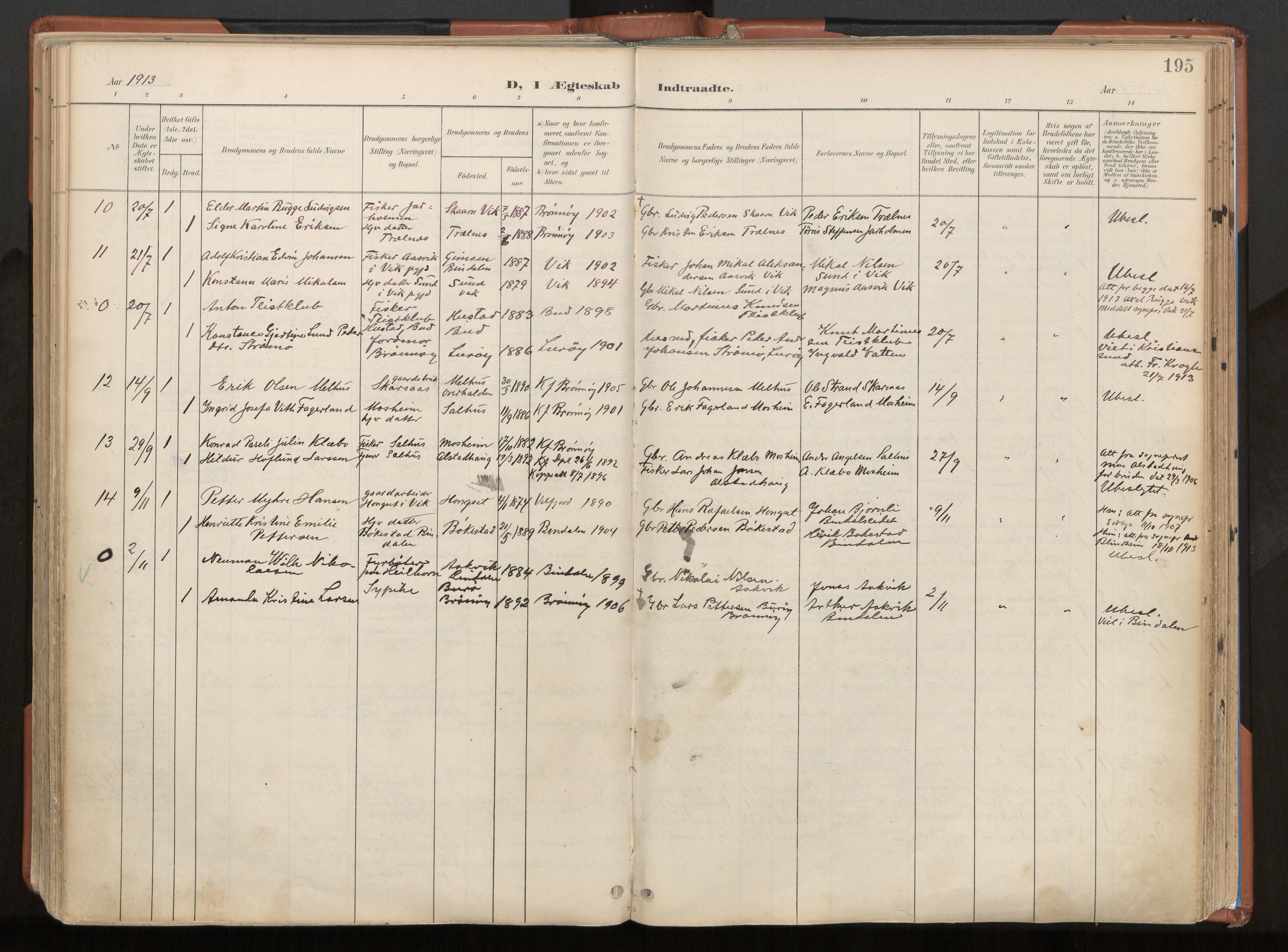 Ministerialprotokoller, klokkerbøker og fødselsregistre - Nordland, SAT/A-1459/813/L0201: Parish register (official) no. 813A11, 1901-1918, p. 195
