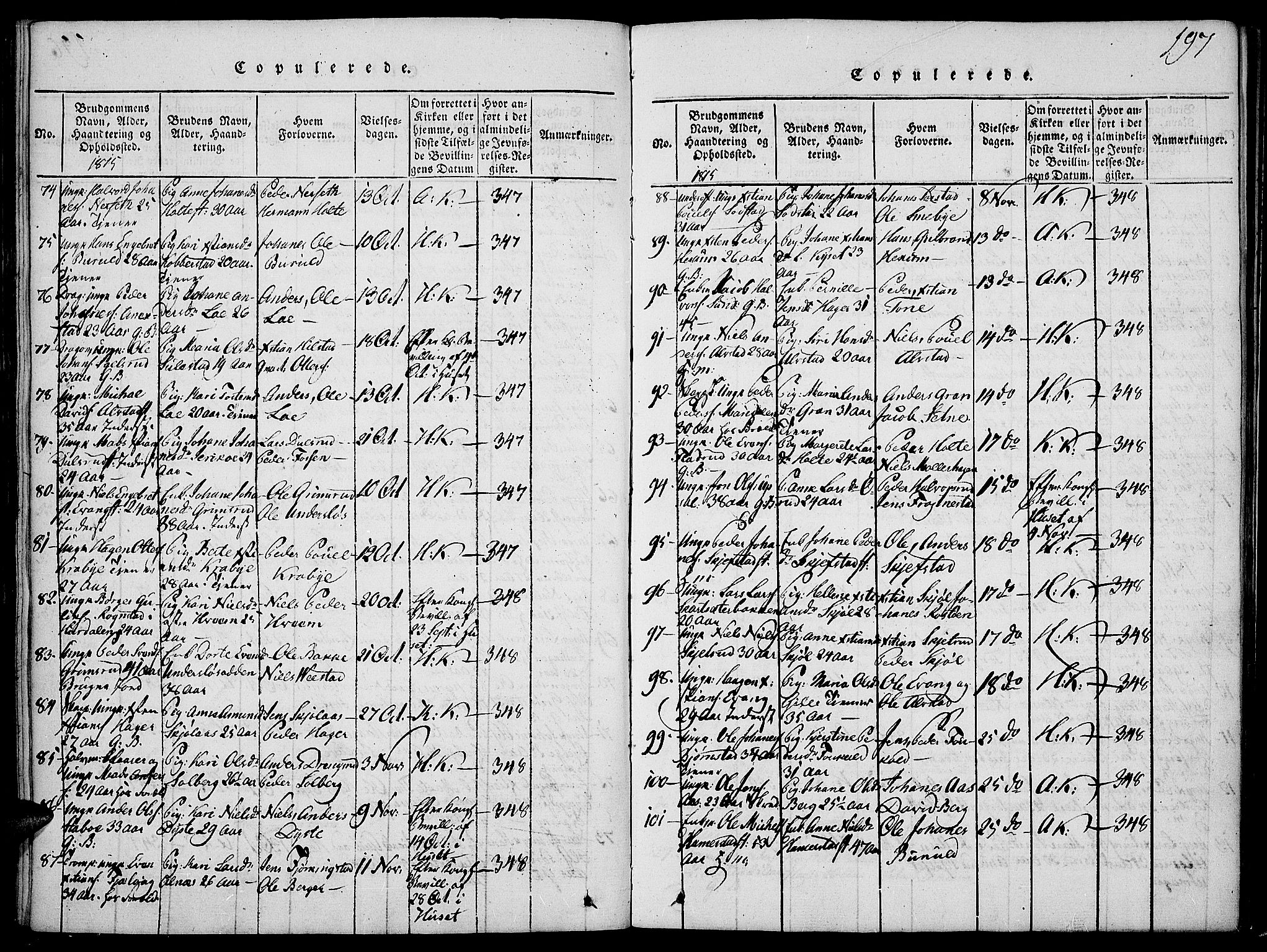 Toten prestekontor, SAH/PREST-102/H/Ha/Haa/L0009: Parish register (official) no. 9, 1814-1820, p. 197