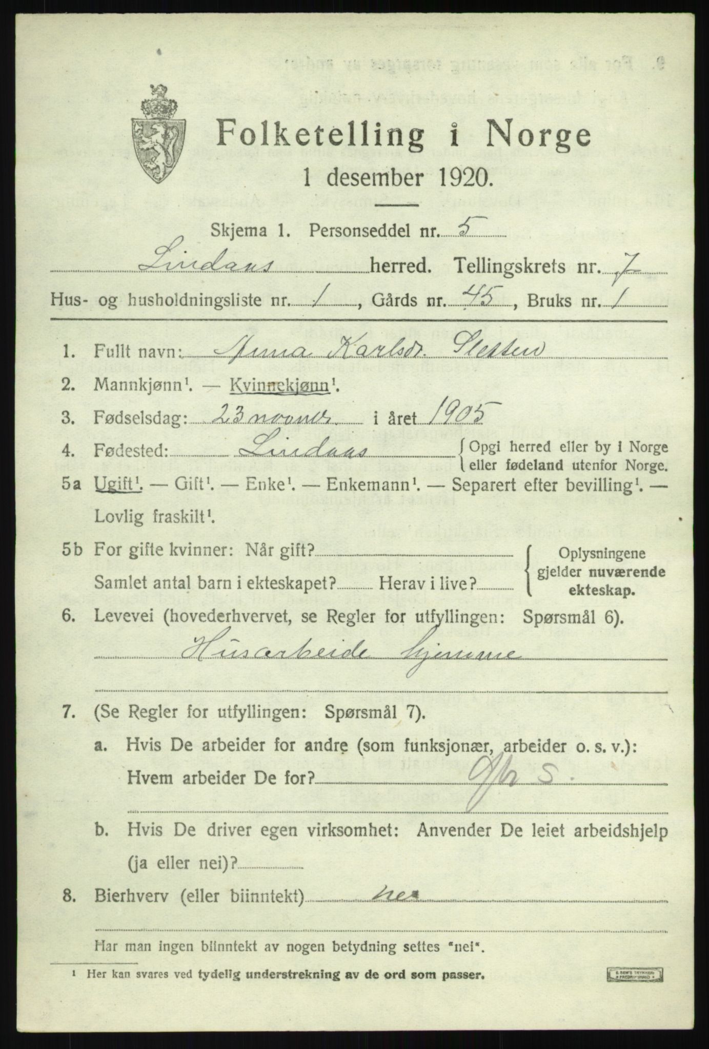 SAB, 1920 census for Lindås, 1920, p. 4039