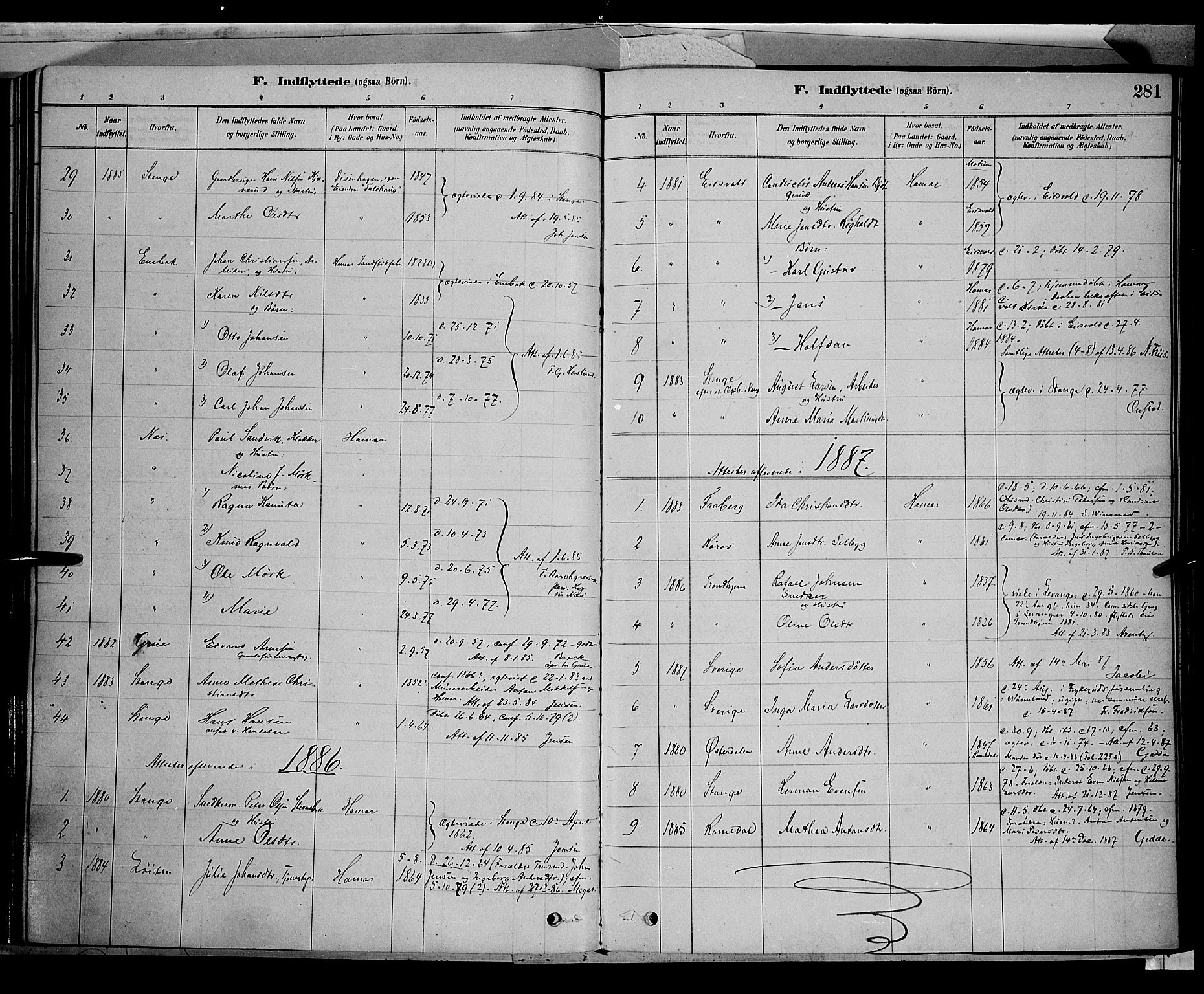 Vang prestekontor, Hedmark, SAH/PREST-008/H/Ha/Haa/L0016: Parish register (official) no. 16, 1878-1889, p. 281