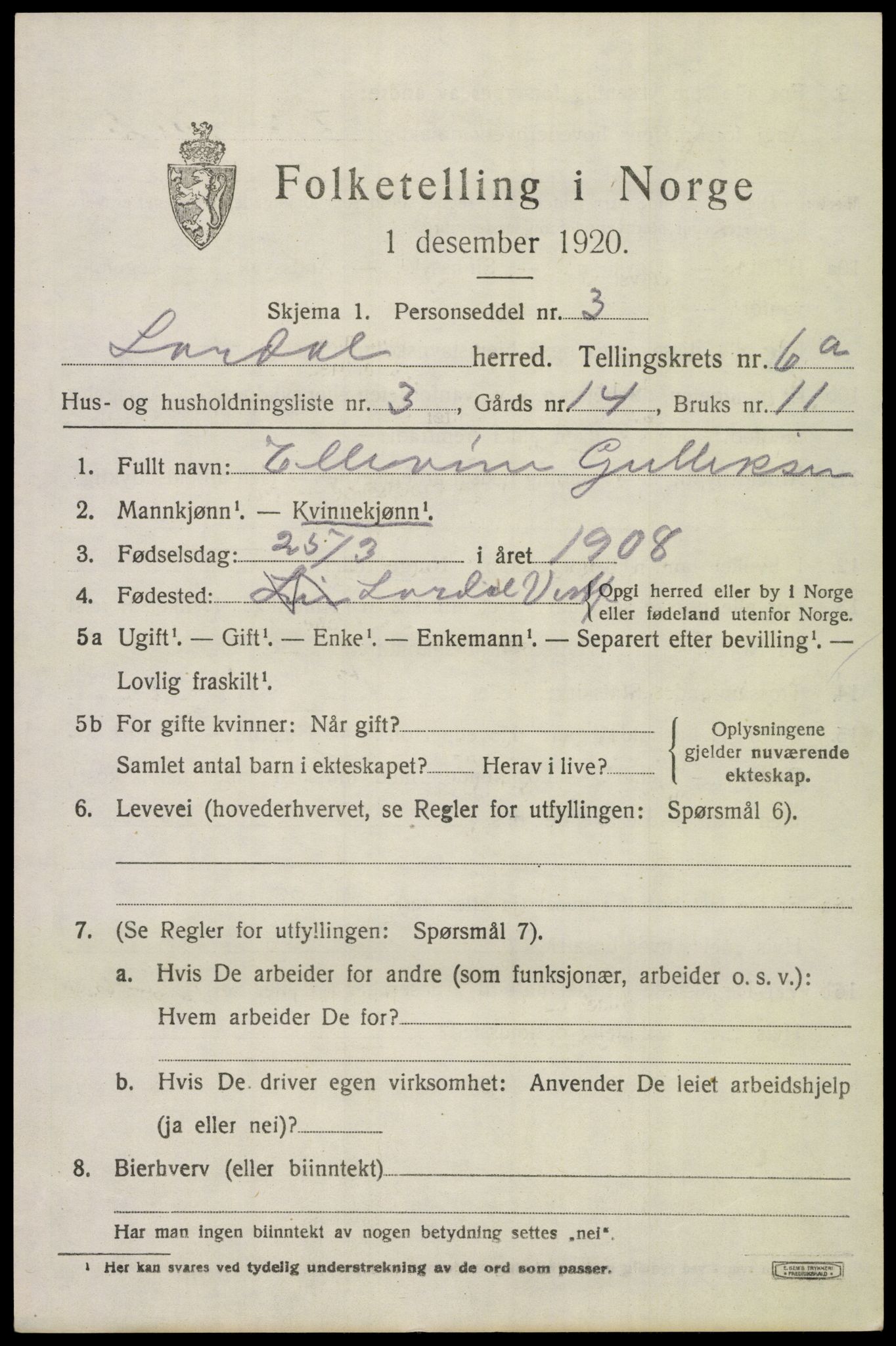 SAKO, 1920 census for Lardal, 1920, p. 5569