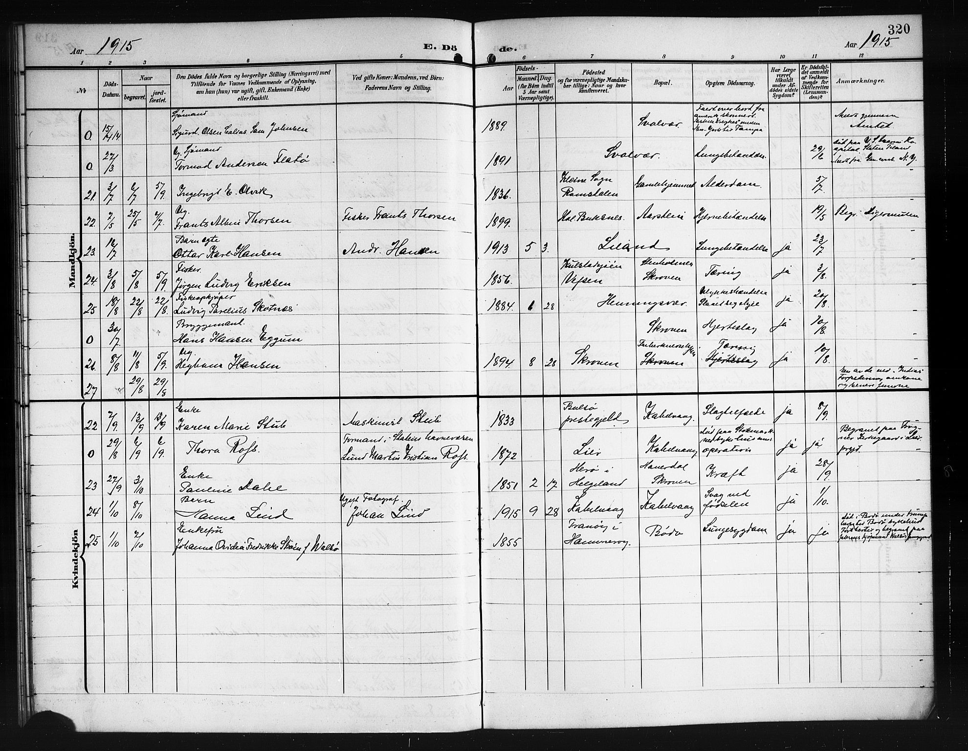 Ministerialprotokoller, klokkerbøker og fødselsregistre - Nordland, AV/SAT-A-1459/874/L1079: Parish register (copy) no. 874C08, 1907-1915, p. 320