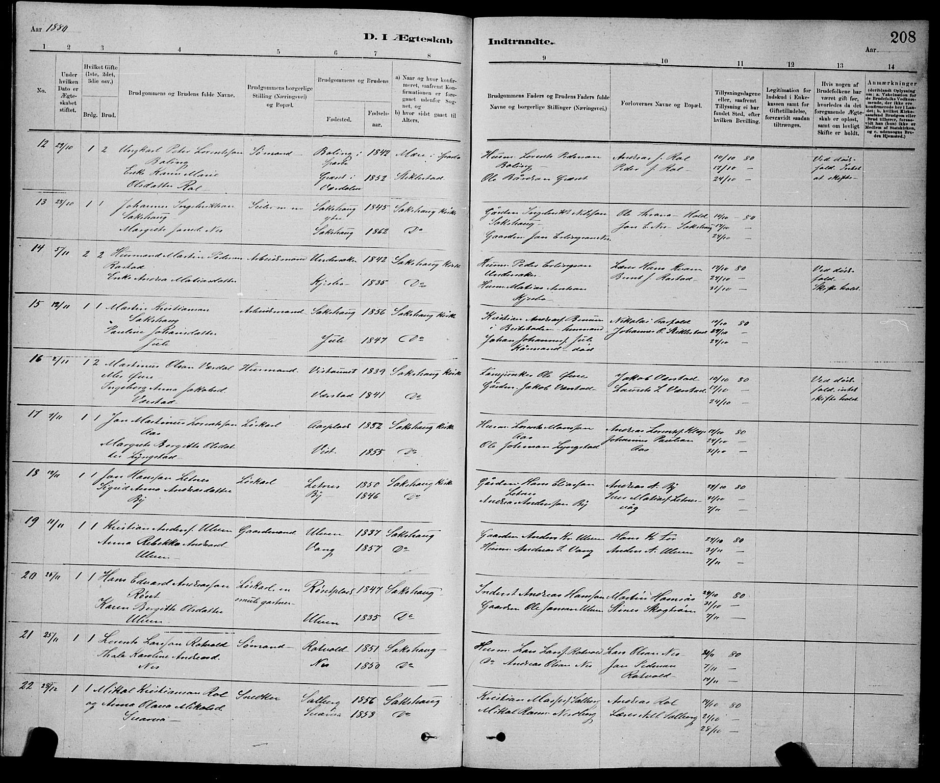 Ministerialprotokoller, klokkerbøker og fødselsregistre - Nord-Trøndelag, AV/SAT-A-1458/730/L0301: Parish register (copy) no. 730C04, 1880-1897, p. 208