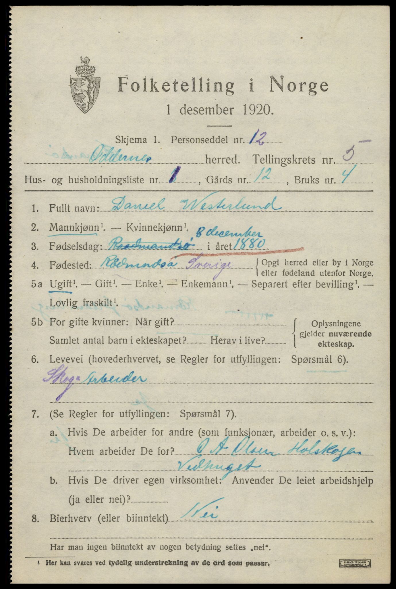 SAK, 1920 census for Oddernes, 1920, p. 4451