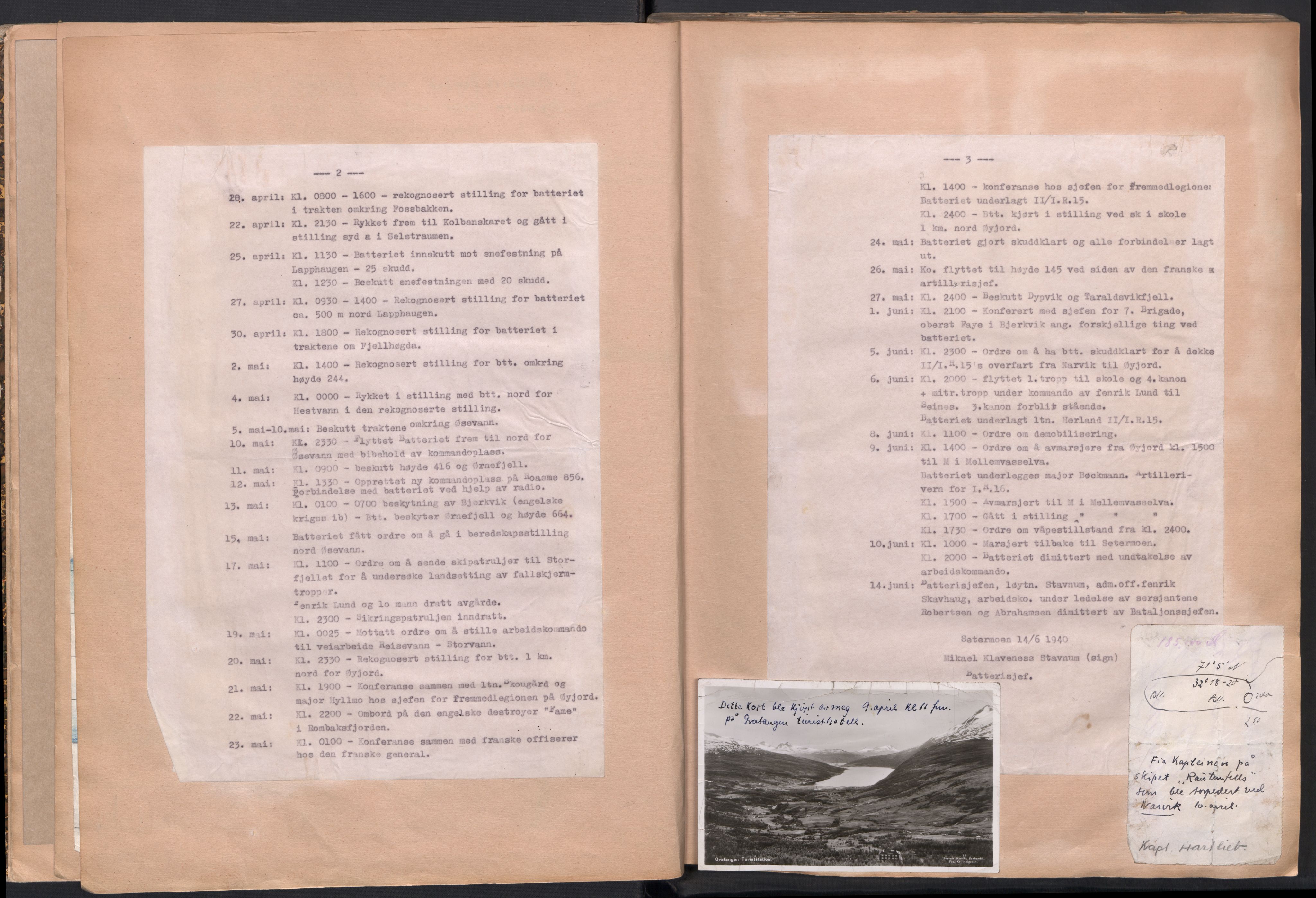 Forsvaret, Forsvarets krigshistoriske avdeling, RA/RAFA-2017/Y/Yh/L0230: Løytnant Stavnum: Scrapbook fra 9. batteris deltakelse i Felttoget i Nord-Norge 1940, 1939-1960, p. 6
