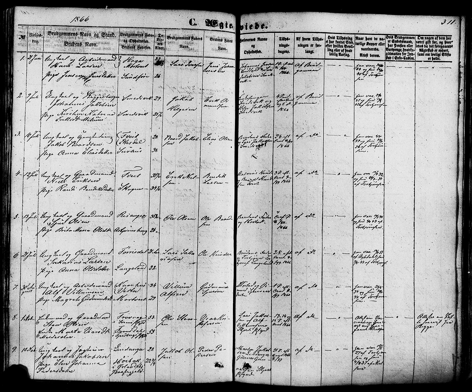 Skjold sokneprestkontor, AV/SAST-A-101847/H/Ha/Haa/L0008: Parish register (official) no. A 8, 1856-1882, p. 311