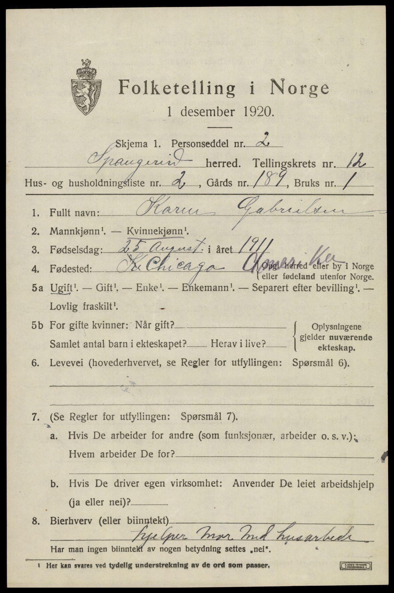 SAK, 1920 census for Spangereid, 1920, p. 3813