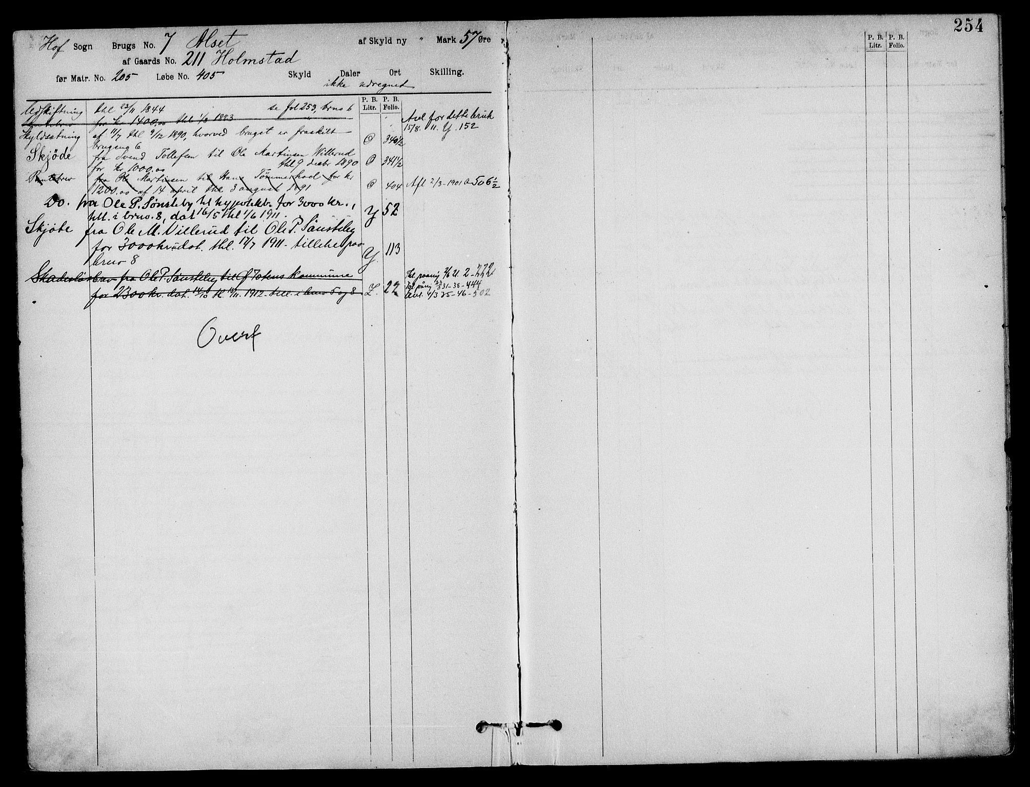 Toten tingrett, AV/SAH-TING-006/H/Ha/Haa/L0033: Mortgage register no. 33, 1908, p. 254