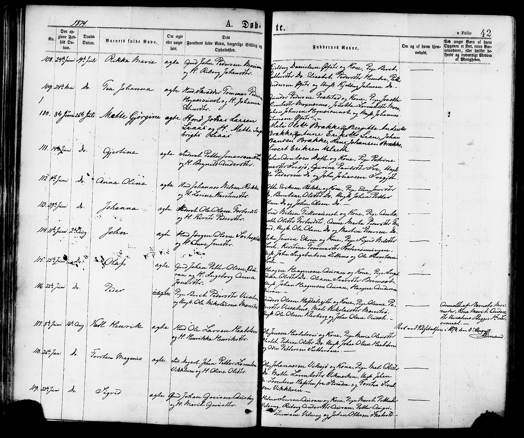 Ministerialprotokoller, klokkerbøker og fødselsregistre - Nord-Trøndelag, AV/SAT-A-1458/709/L0076: Parish register (official) no. 709A16, 1871-1879, p. 42