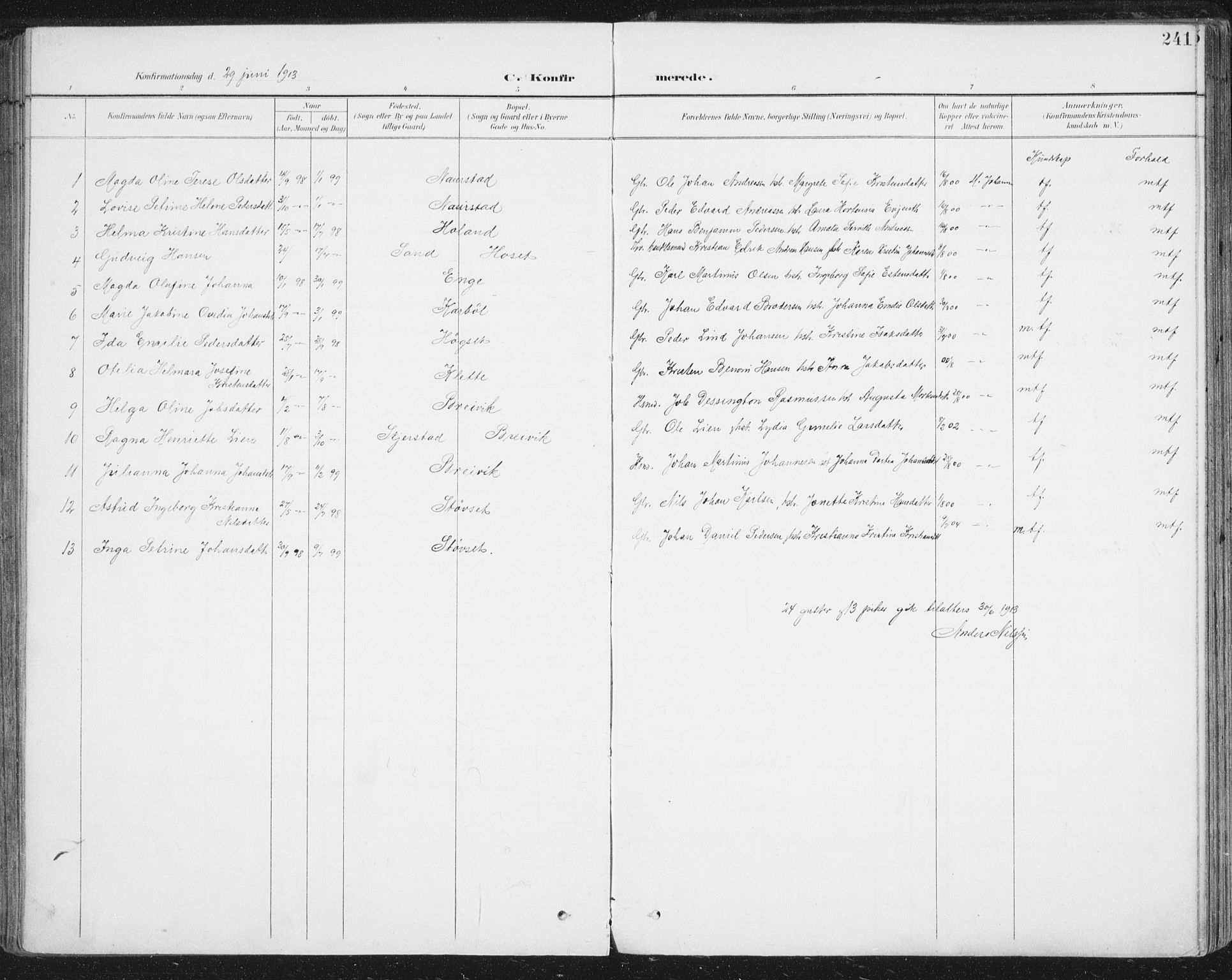 Ministerialprotokoller, klokkerbøker og fødselsregistre - Nordland, AV/SAT-A-1459/852/L0741: Parish register (official) no. 852A11, 1894-1917, p. 241