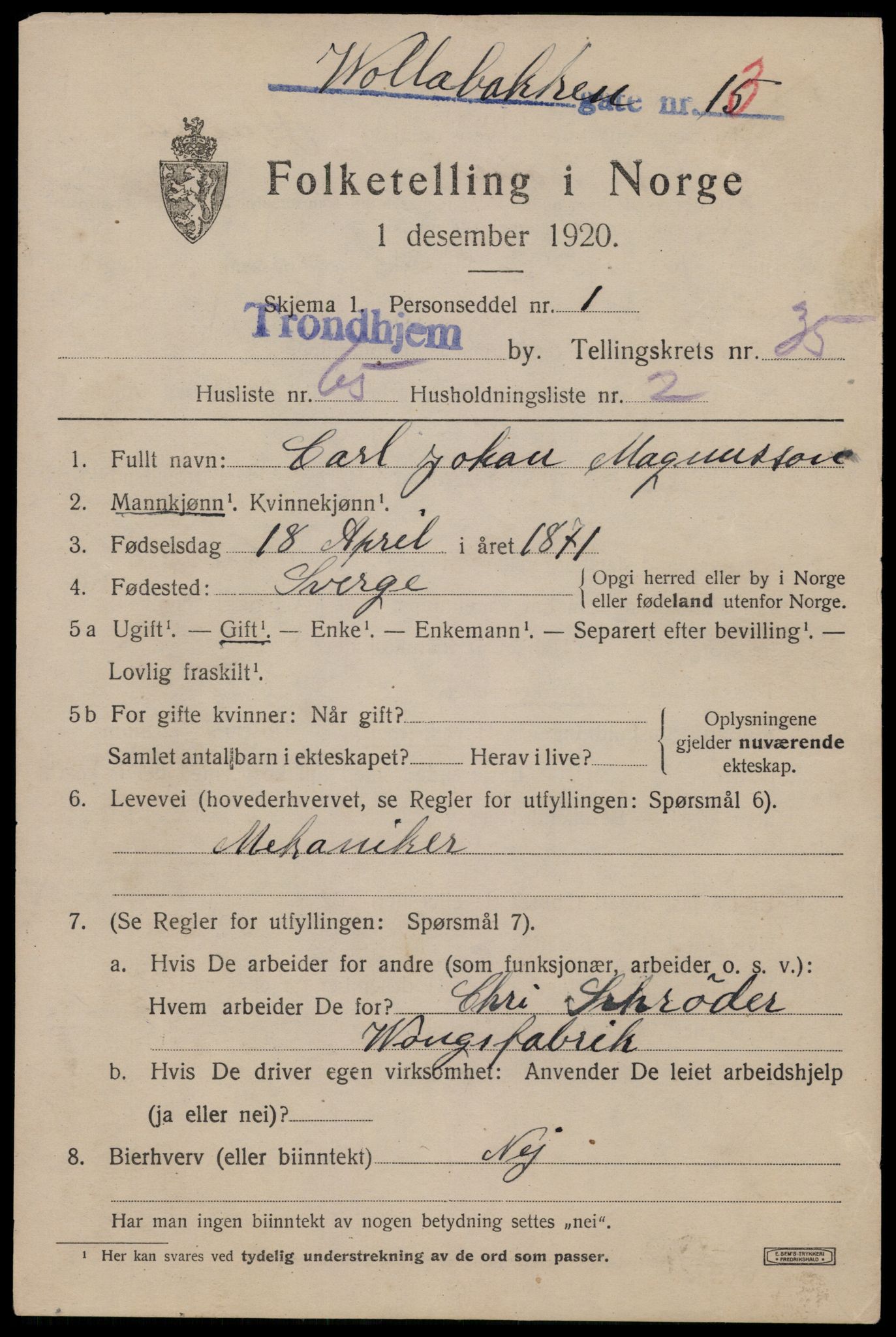 SAT, 1920 census for Trondheim, 1920, p. 82848