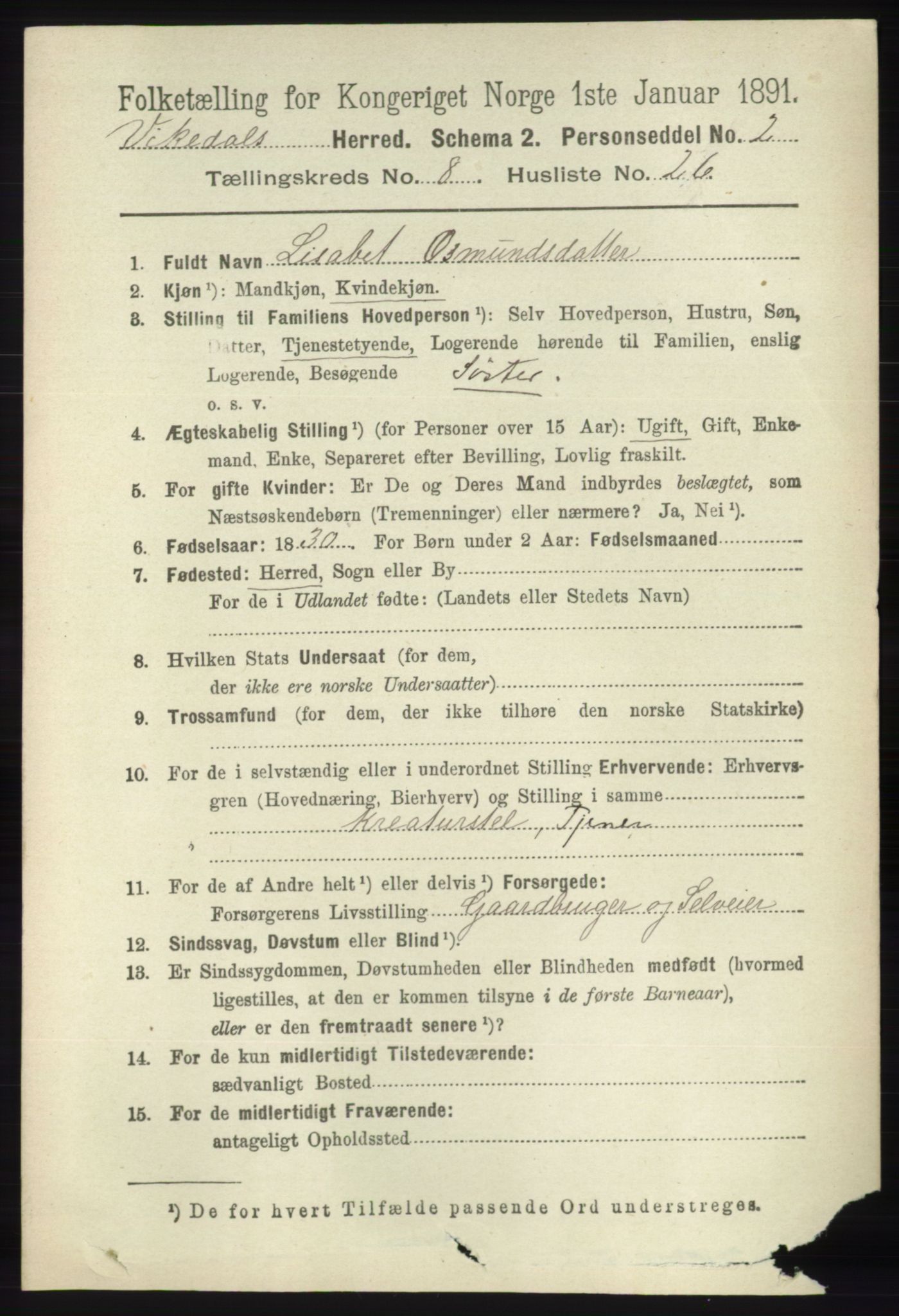 RA, 1891 census for 1157 Vikedal, 1891, p. 2341