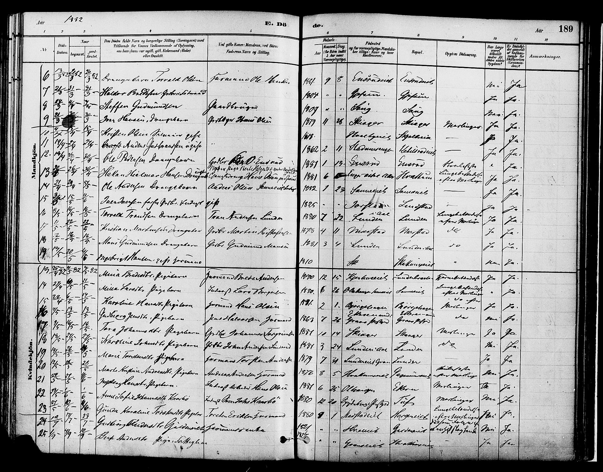 Gran prestekontor, SAH/PREST-112/H/Ha/Haa/L0014: Parish register (official) no. 14, 1880-1889, p. 189