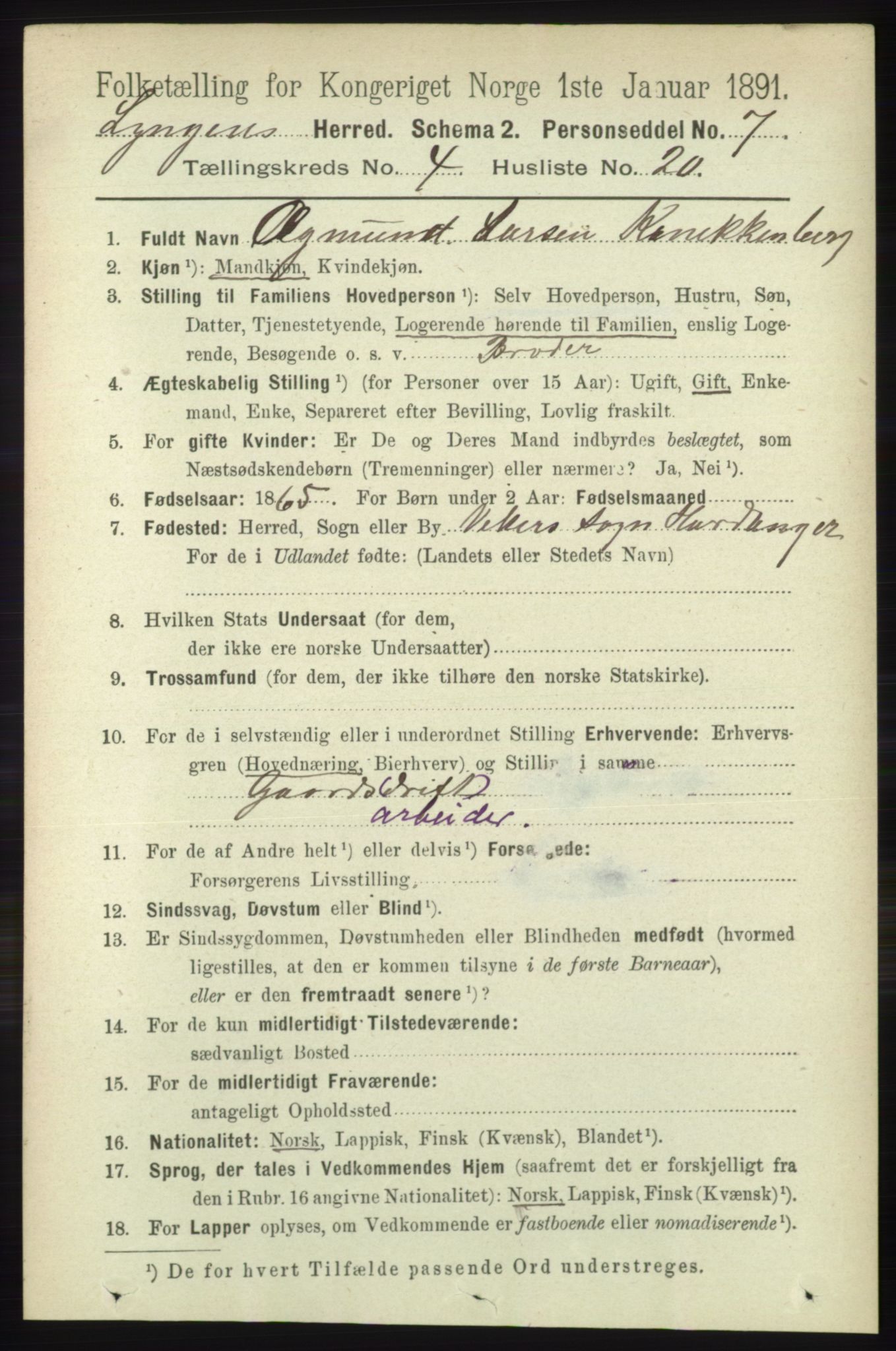 RA, 1891 census for 1938 Lyngen, 1891, p. 3826