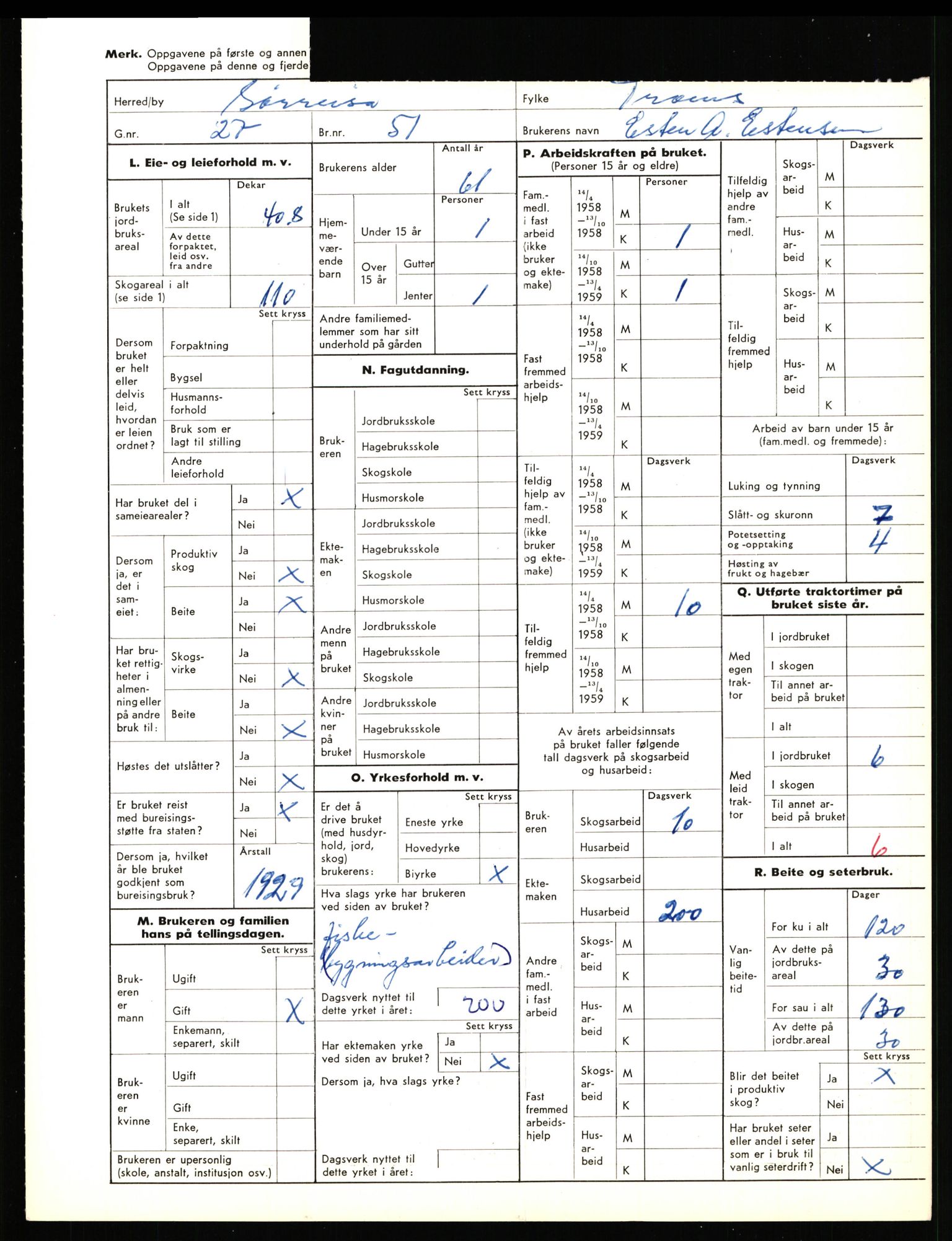 Statistisk sentralbyrå, Næringsøkonomiske emner, Jordbruk, skogbruk, jakt, fiske og fangst, AV/RA-S-2234/G/Gd/L0656: Troms: 1924 Målselv (kl. 0-3) og 1925 Sørreisa, 1959, p. 1772