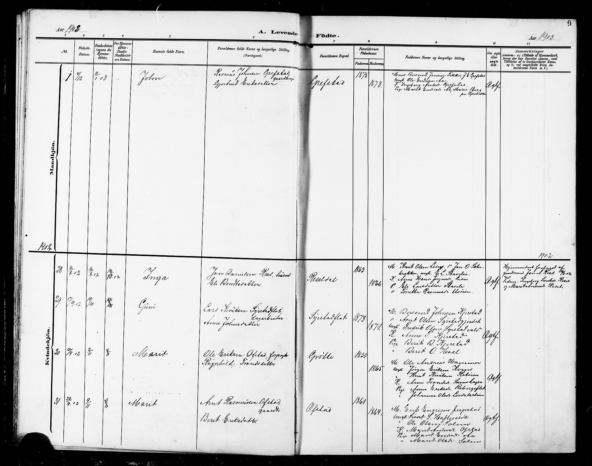 Ministerialprotokoller, klokkerbøker og fødselsregistre - Sør-Trøndelag, AV/SAT-A-1456/672/L0864: Parish register (copy) no. 672C03, 1902-1914, p. 9