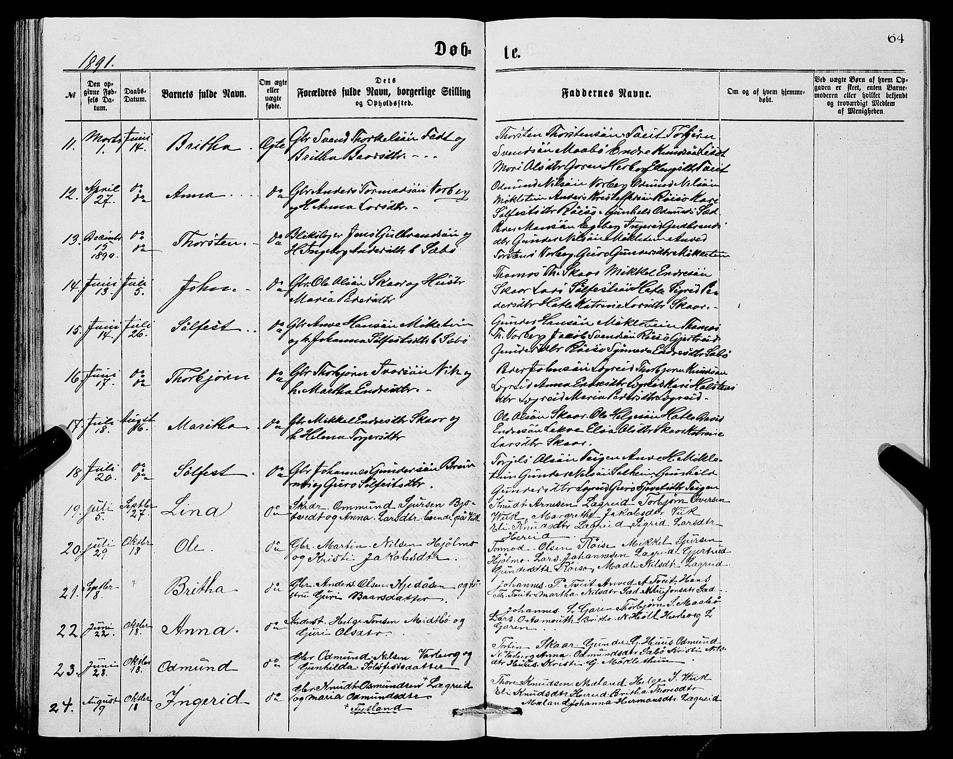 Ullensvang sokneprestembete, AV/SAB-A-78701/H/Hab: Parish register (copy) no. C 2, 1871-1899, p. 64