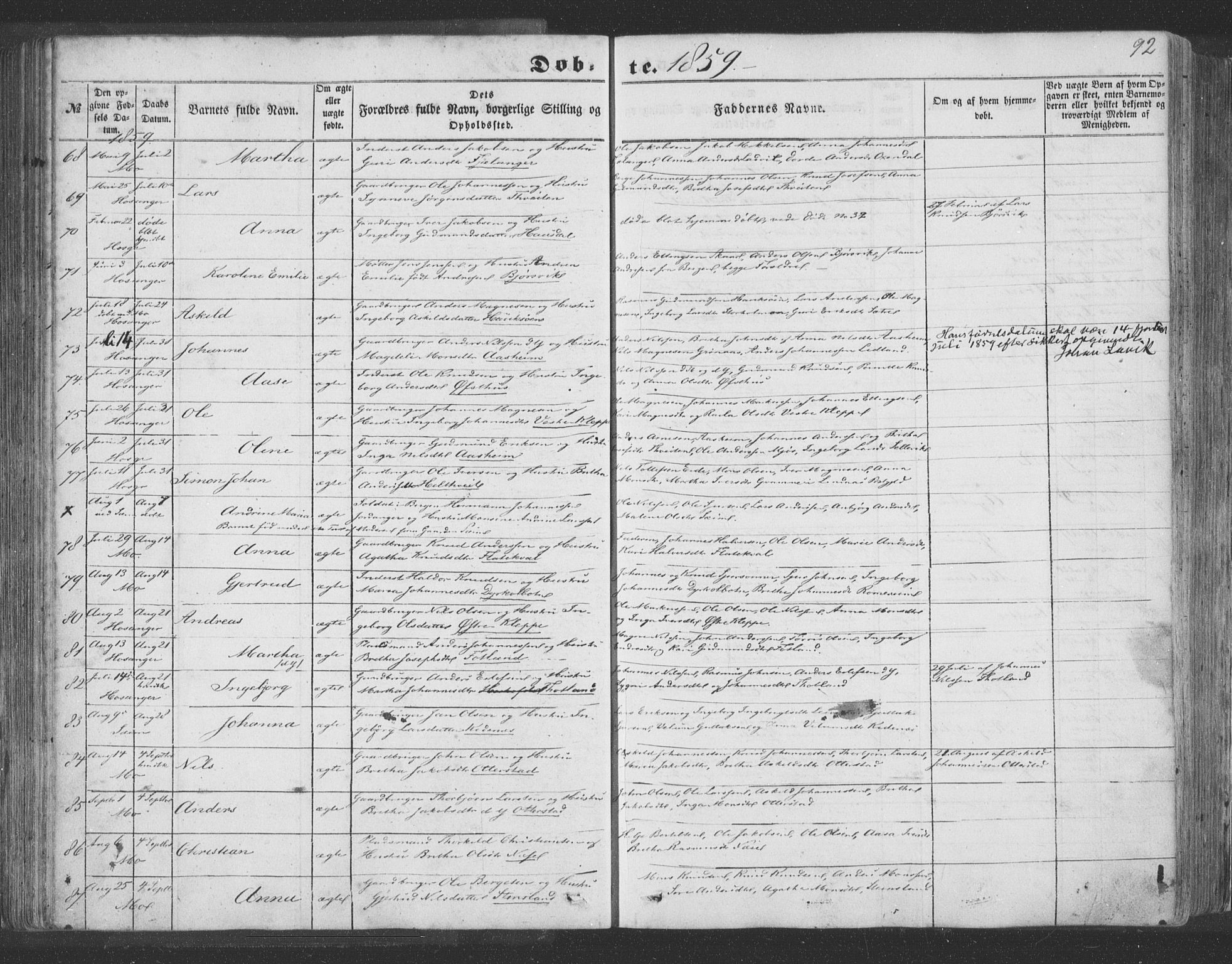 Hosanger sokneprestembete, AV/SAB-A-75801/H/Haa: Parish register (official) no. A 8, 1849-1863, p. 92