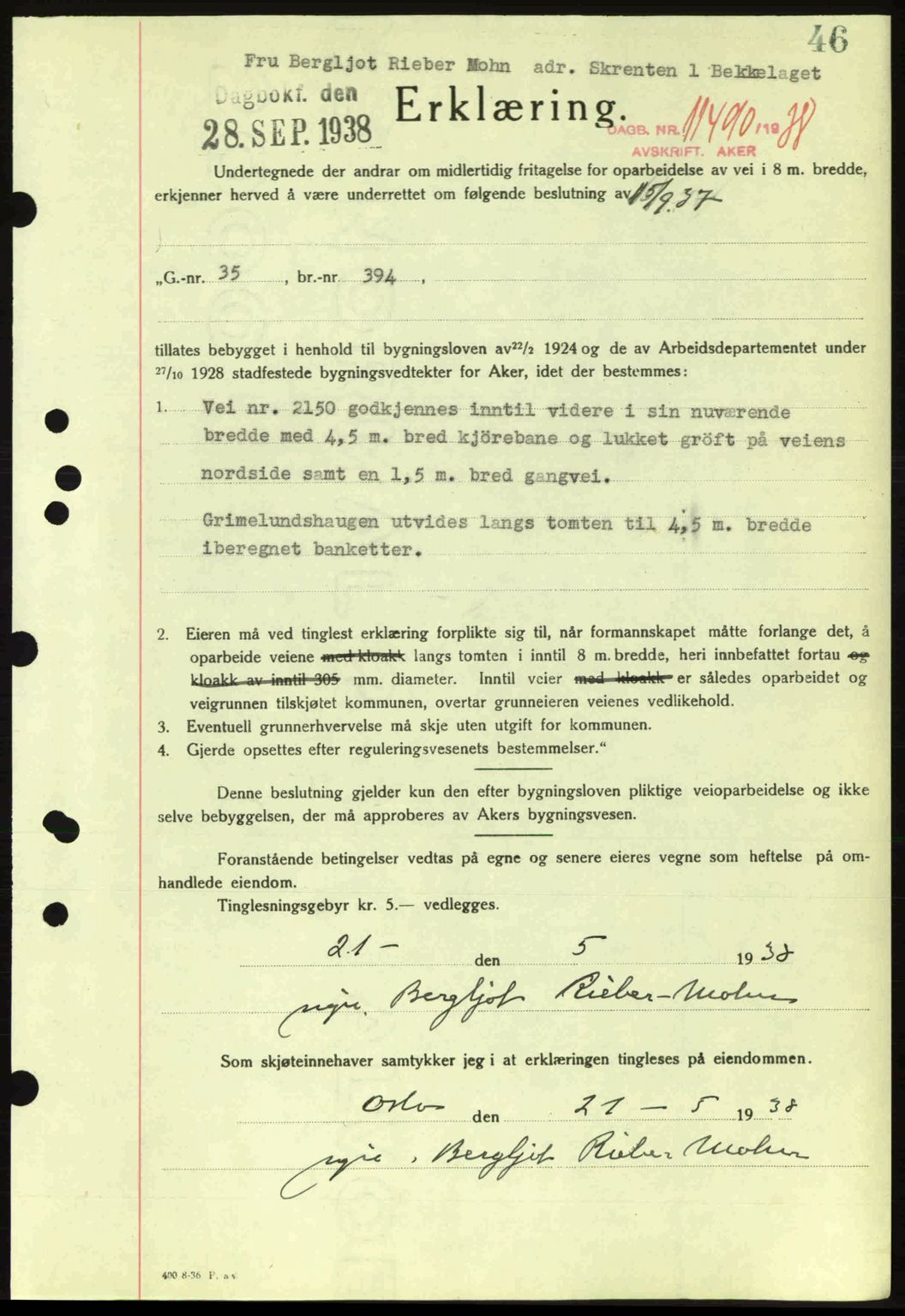 Aker herredsskriveri, SAO/A-10896/G/Gb/Gba/Gbab/L0025: Mortgage book no. A154-155, 1938-1938, Diary no: : 11490/1938
