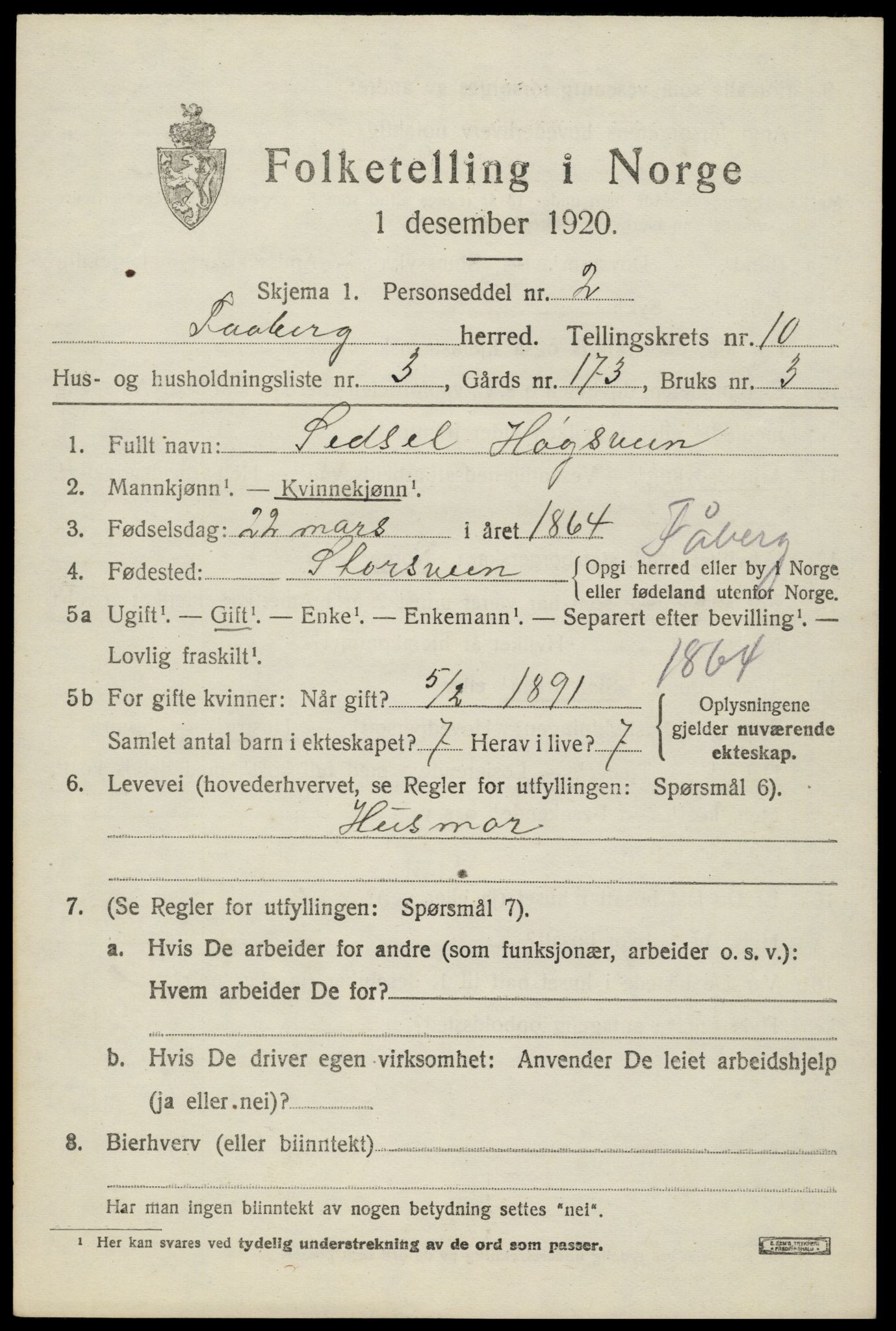SAH, 1920 census for Fåberg, 1920, p. 11668