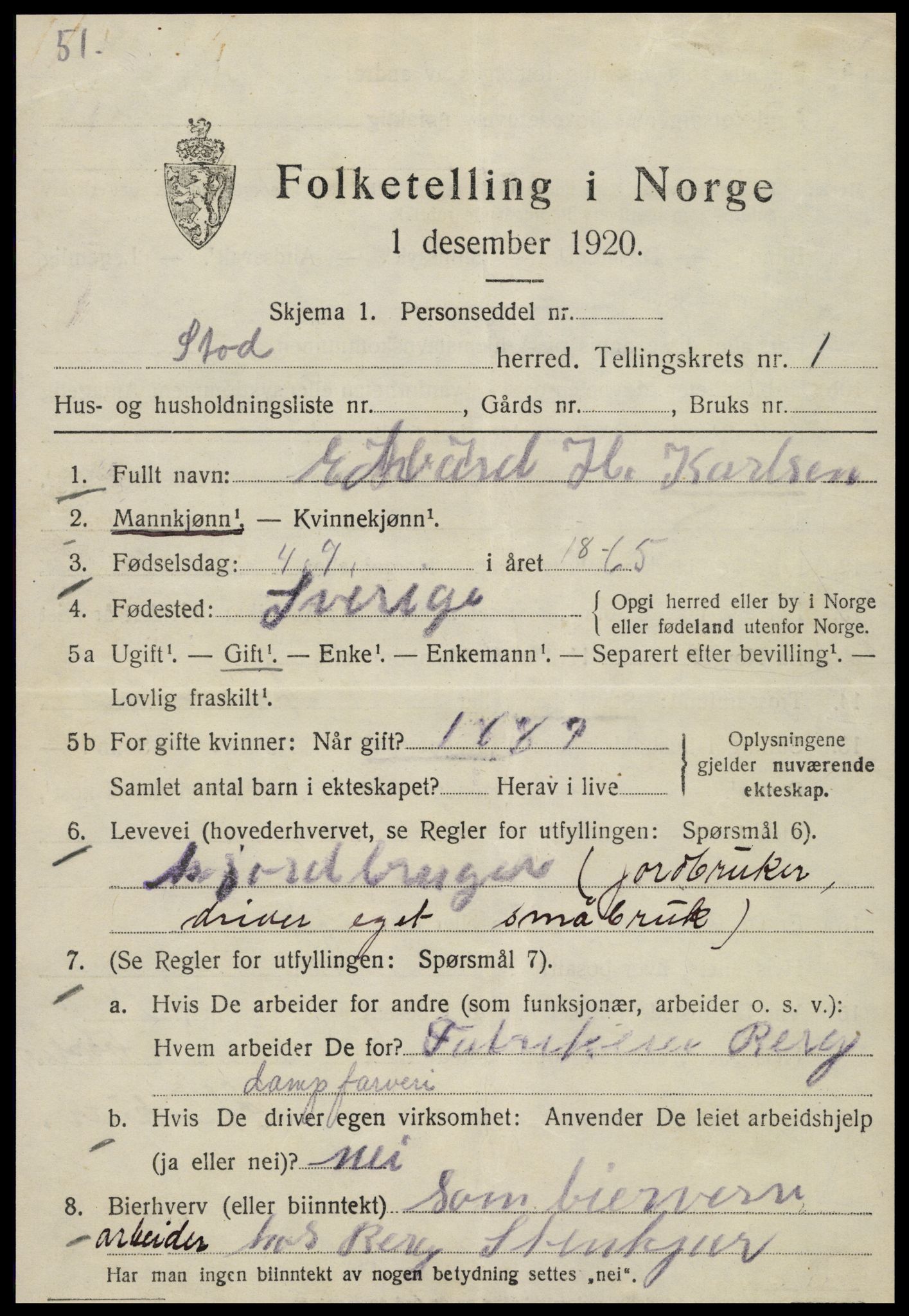 SAT, 1920 census for Stod, 1920, p. 1276