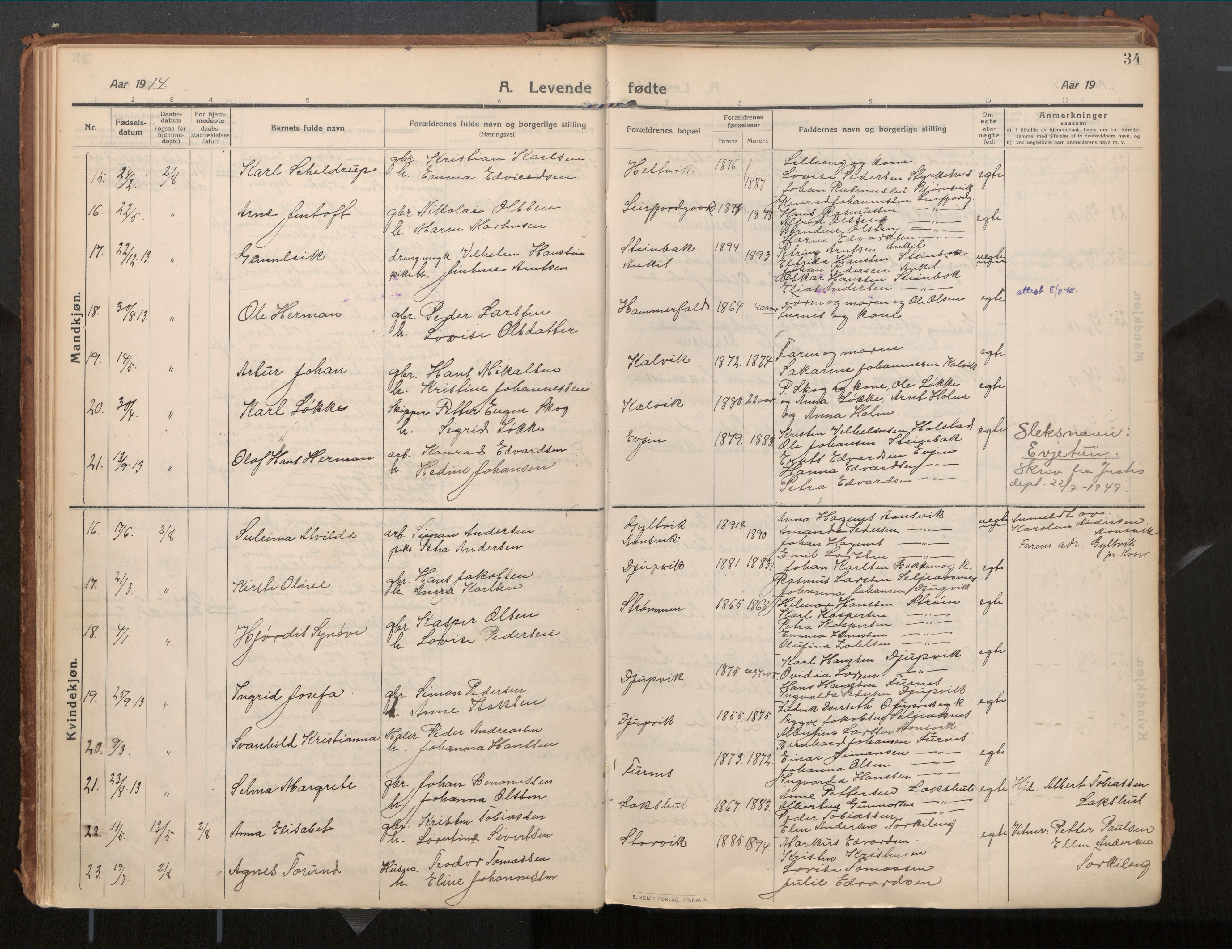 Ministerialprotokoller, klokkerbøker og fødselsregistre - Nordland, AV/SAT-A-1459/854/L0784: Parish register (official) no. 854A07, 1910-1922, p. 34