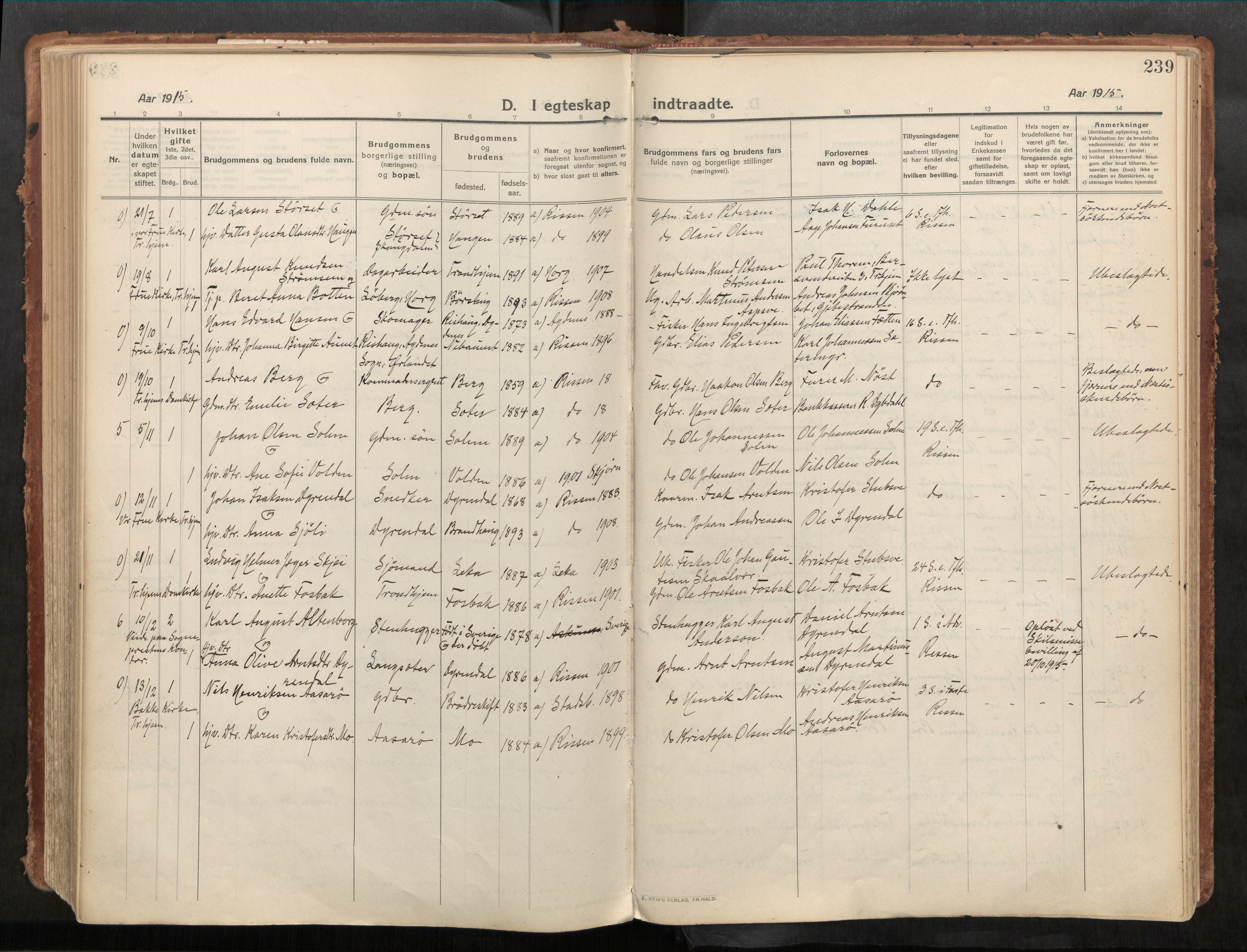 Stadsbygd sokneprestkontor, AV/SAT-A-1117/1/I/I1/I1a/L0001: Parish register (official) no. 1, 1911-1929, p. 239