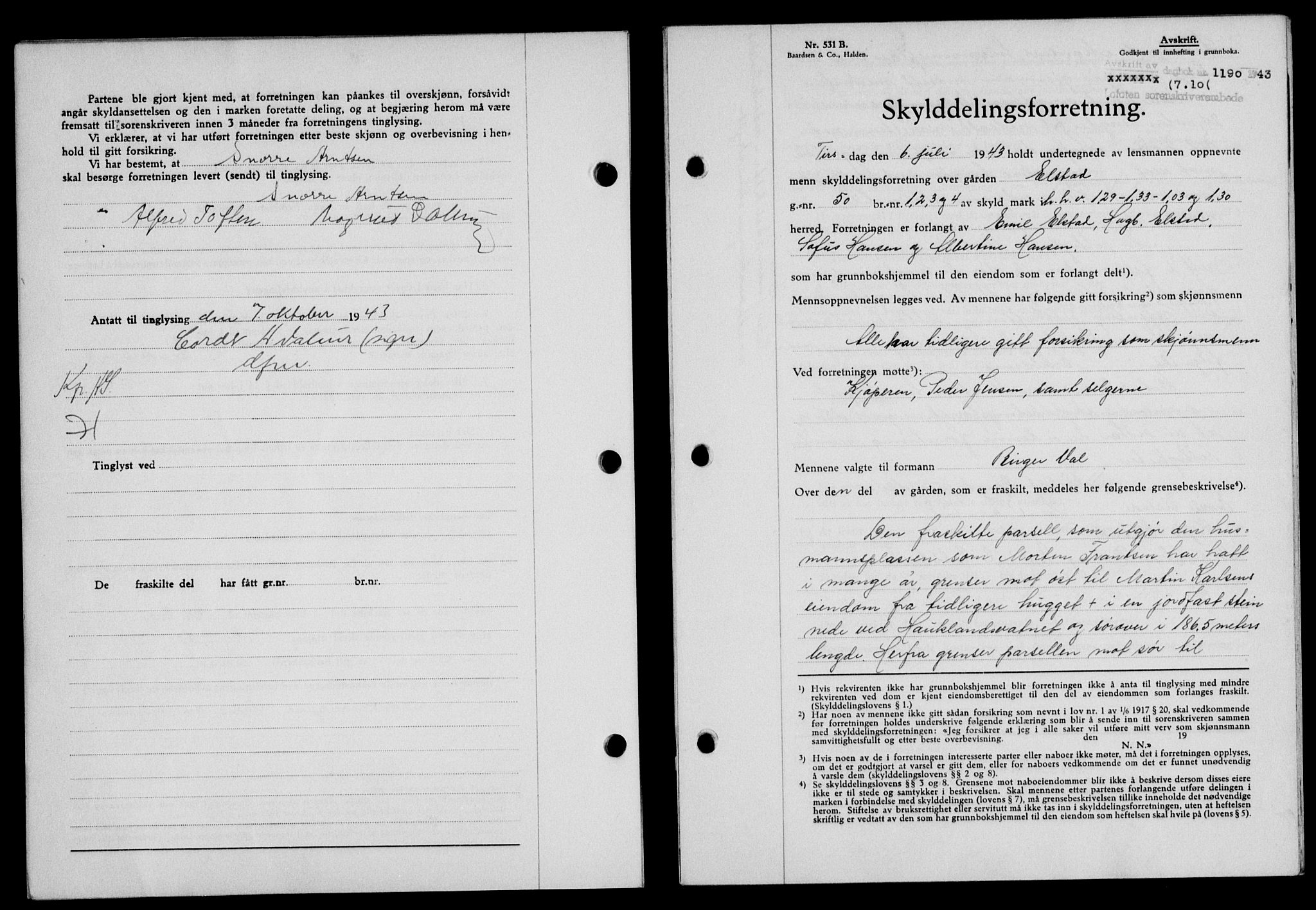 Lofoten sorenskriveri, SAT/A-0017/1/2/2C/L0011a: Mortgage book no. 11a, 1943-1943, Diary no: : 1190/1943