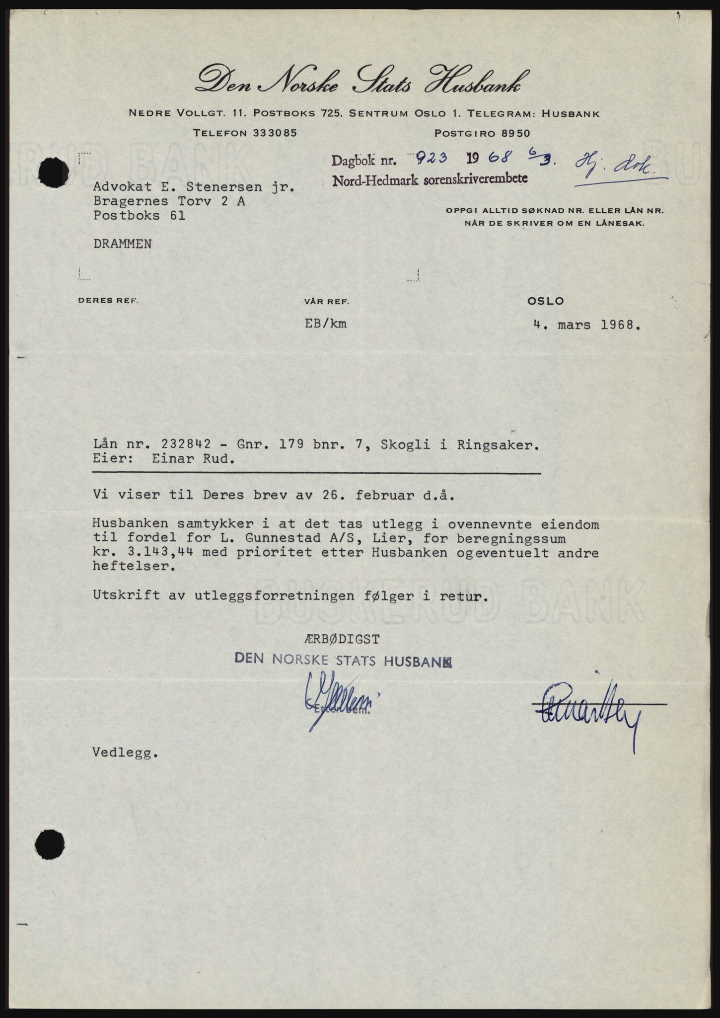 Nord-Hedmark sorenskriveri, SAH/TING-012/H/Hc/L0027: Mortgage book no. 27, 1967-1968, Diary no: : 923/1968