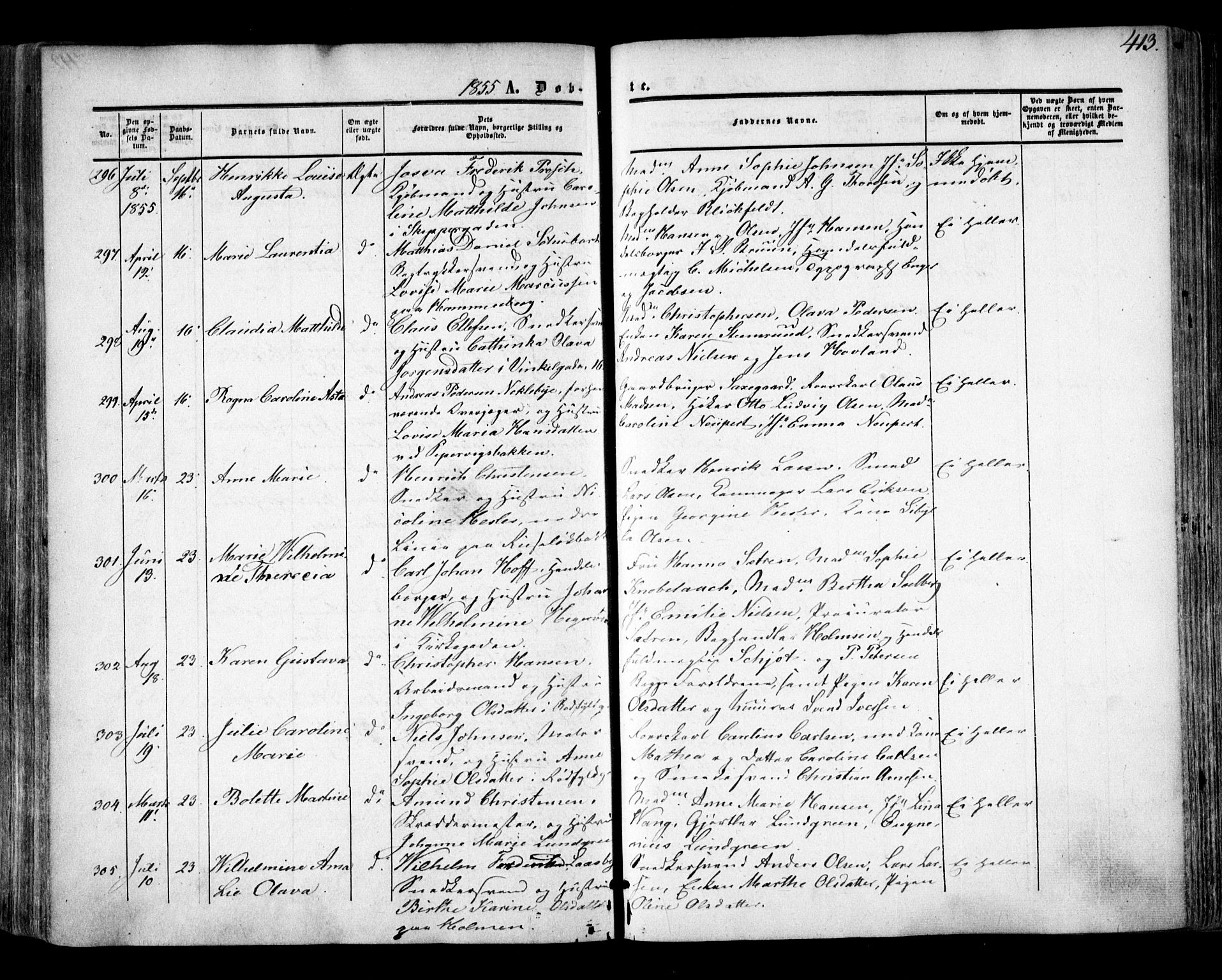 Oslo domkirke Kirkebøker, SAO/A-10752/F/Fa/L0014: Parish register (official) no. 14, 1850-1857, p. 413