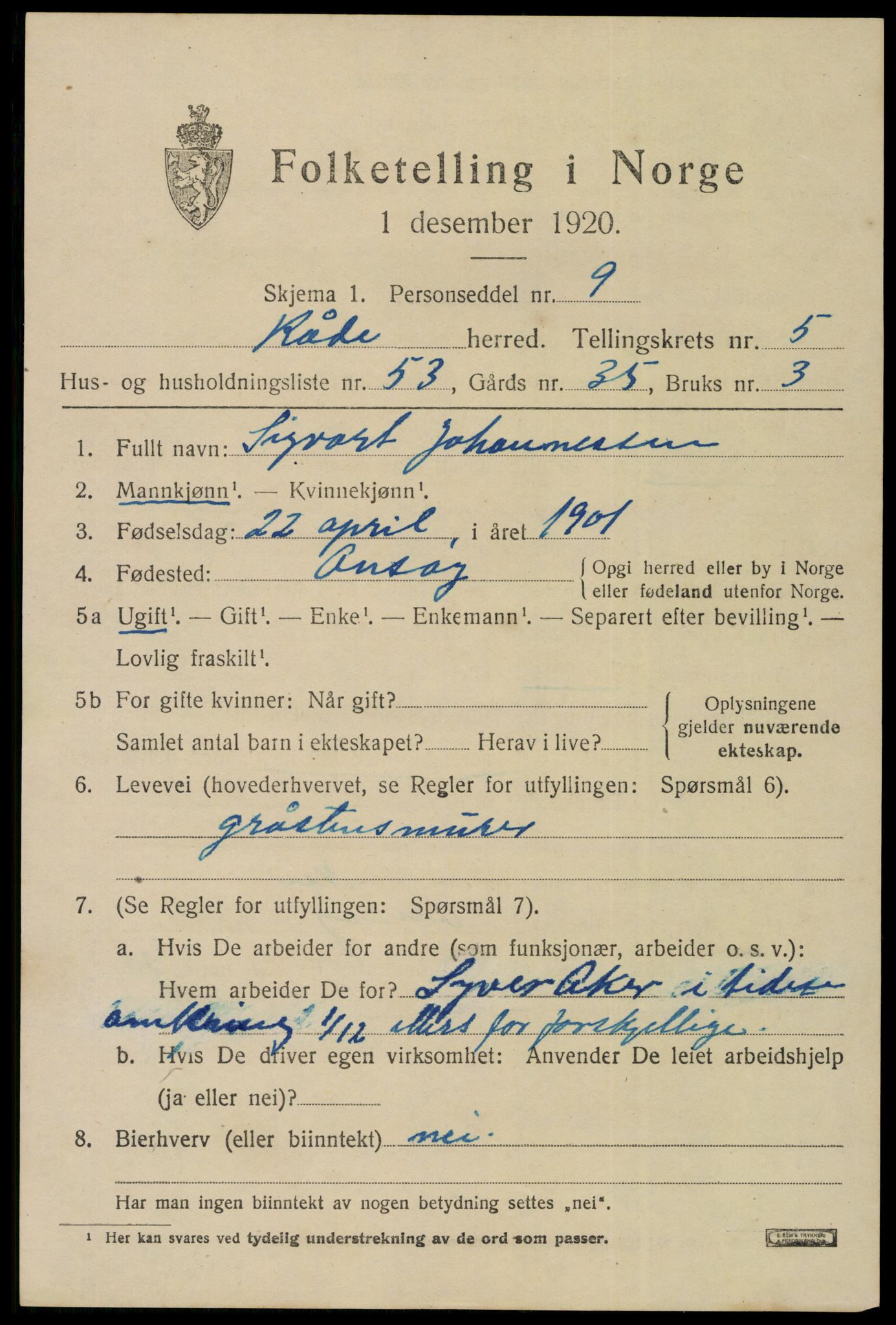 SAO, 1920 census for Råde, 1920, p. 5479