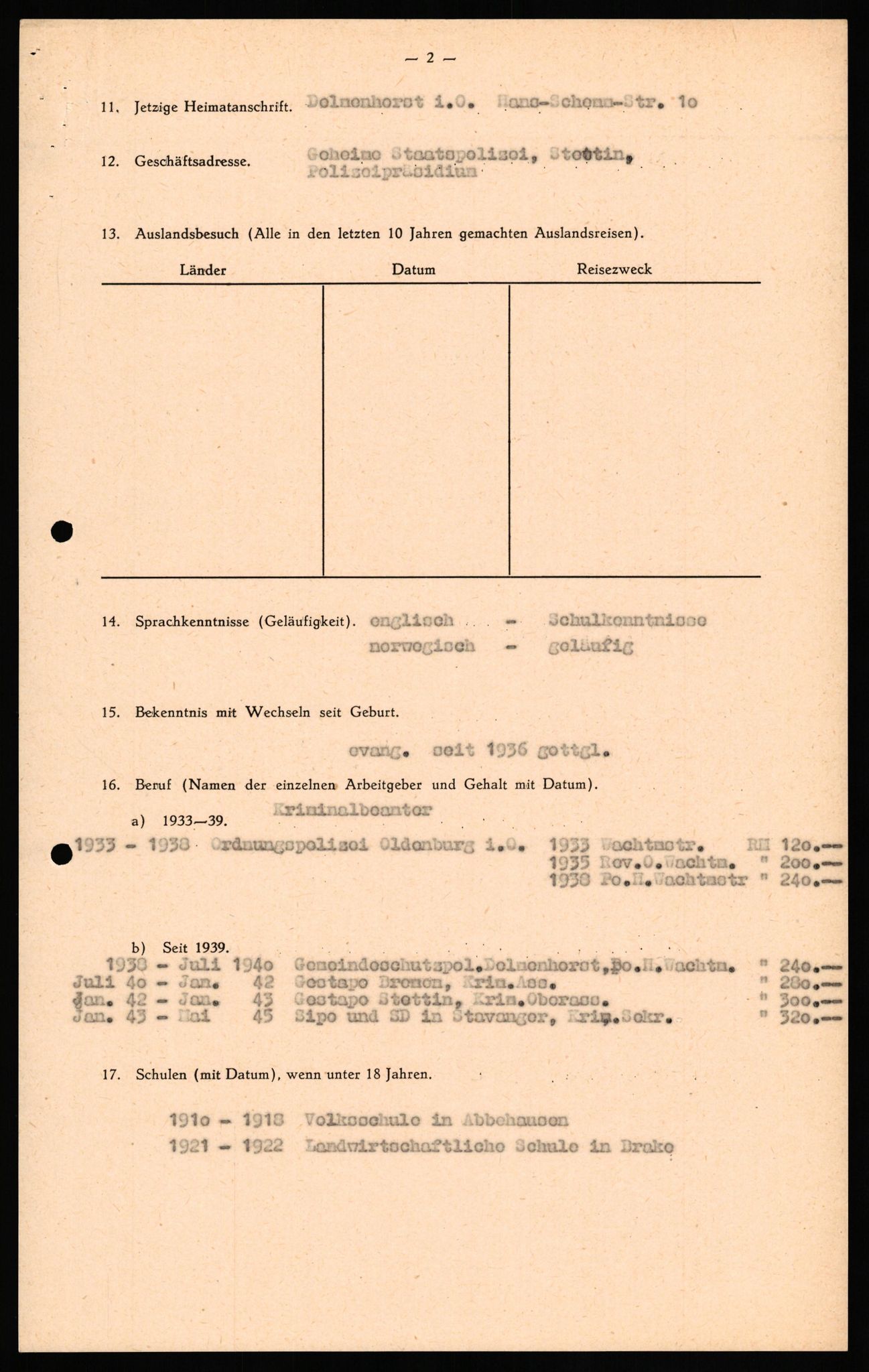 Forsvaret, Forsvarets overkommando II, AV/RA-RAFA-3915/D/Db/L0030: CI Questionaires. Tyske okkupasjonsstyrker i Norge. Tyskere., 1945-1946, p. 163