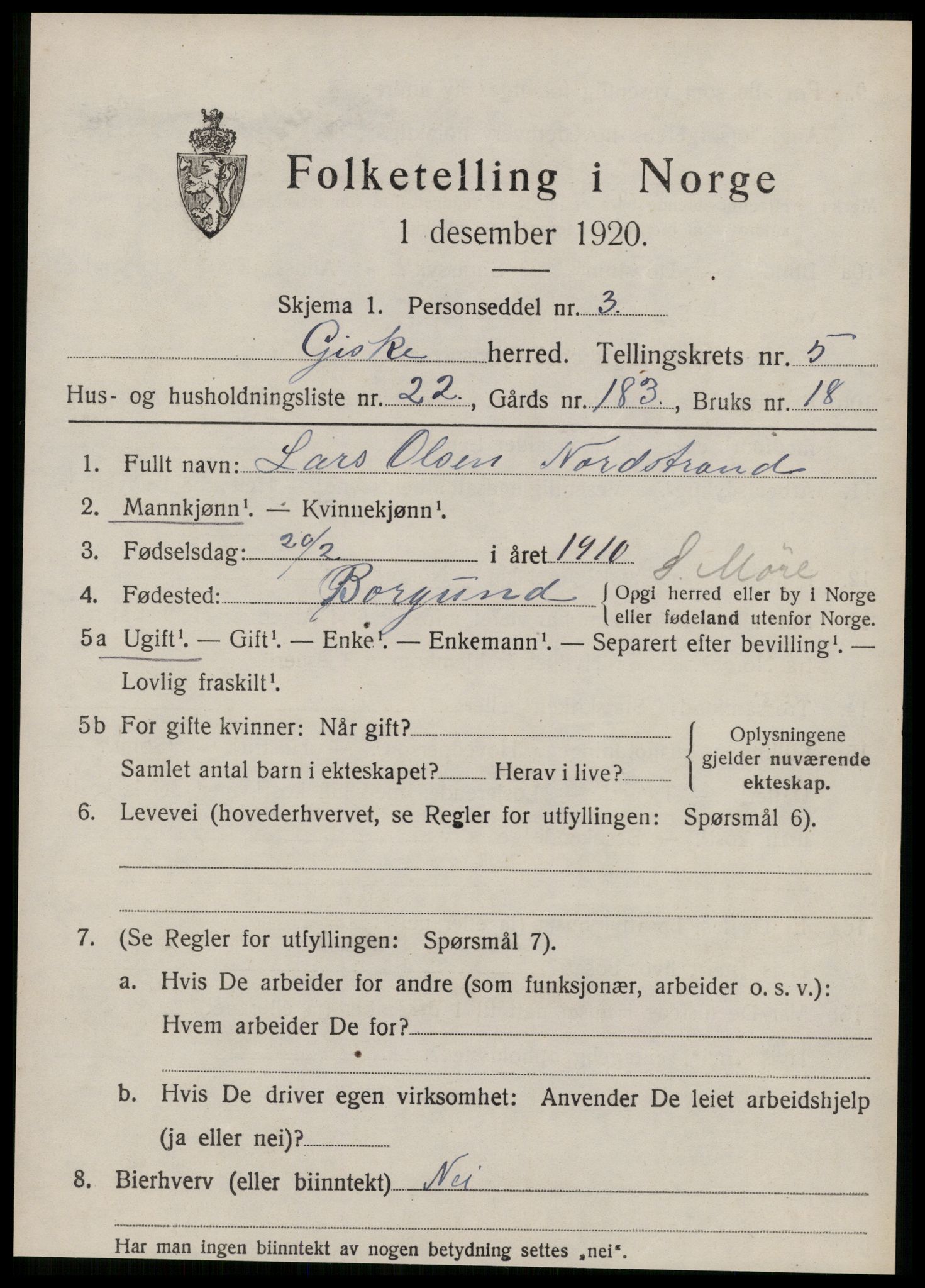 SAT, 1920 census for Giske, 1920, p. 3940