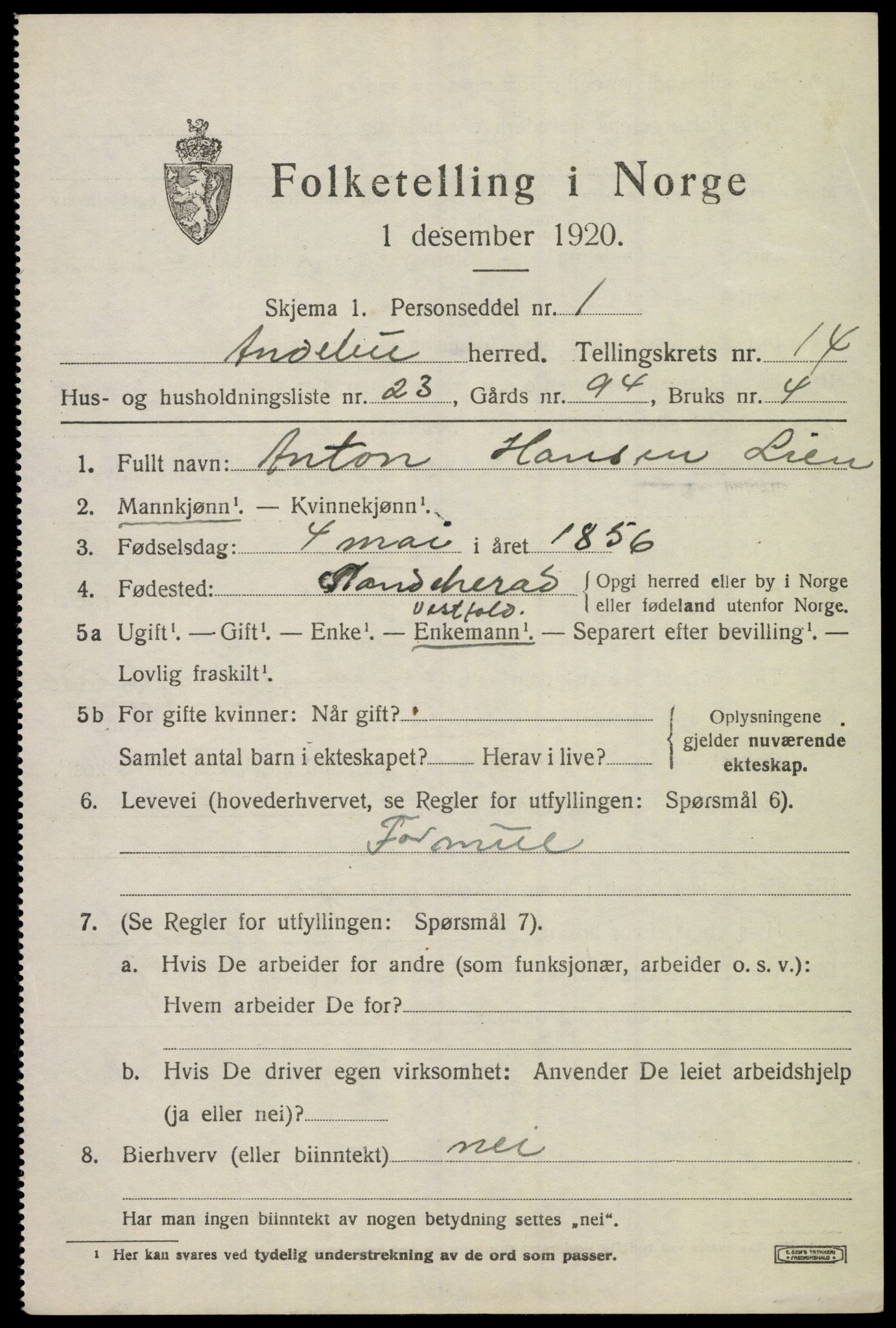 SAKO, 1920 census for Andebu, 1920, p. 5324