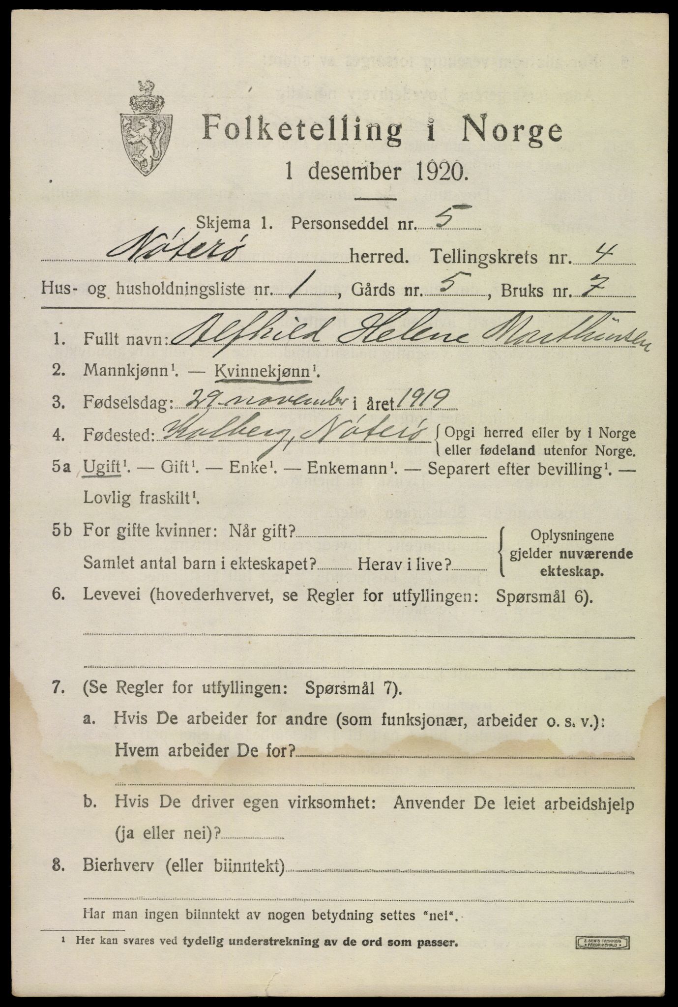 SAKO, 1920 census for Nøtterøy, 1920, p. 6667