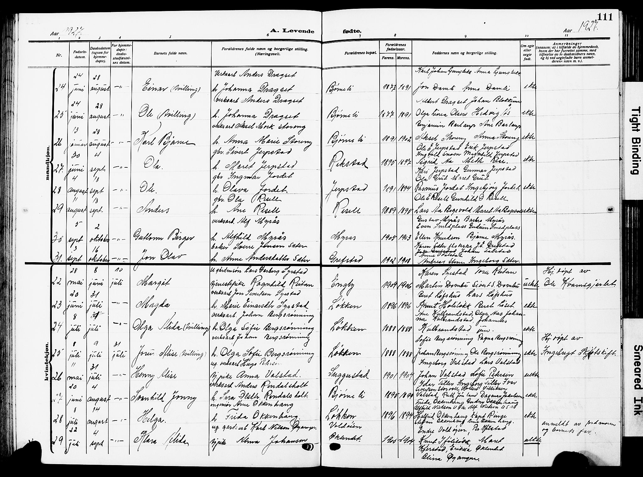 Ministerialprotokoller, klokkerbøker og fødselsregistre - Sør-Trøndelag, AV/SAT-A-1456/672/L0865: Parish register (copy) no. 672C04, 1914-1928, p. 111