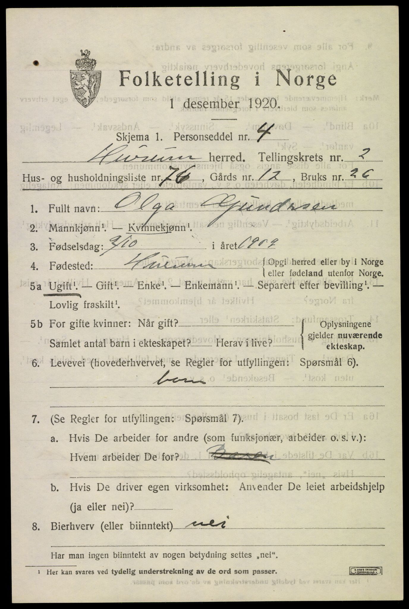 SAKO, 1920 census for Hurum, 1920, p. 4588
