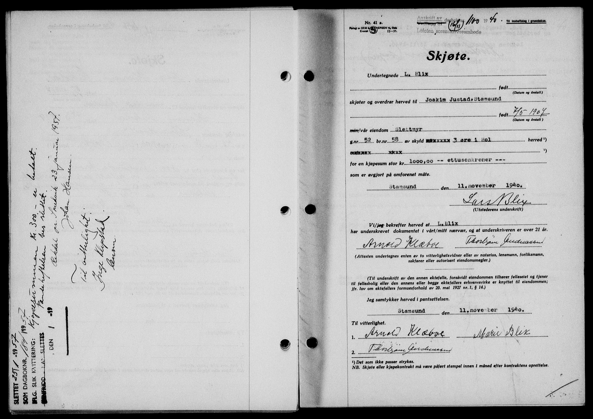 Lofoten sorenskriveri, SAT/A-0017/1/2/2C/L0008a: Mortgage book no. 8a, 1940-1941, Diary no: : 1100/1940