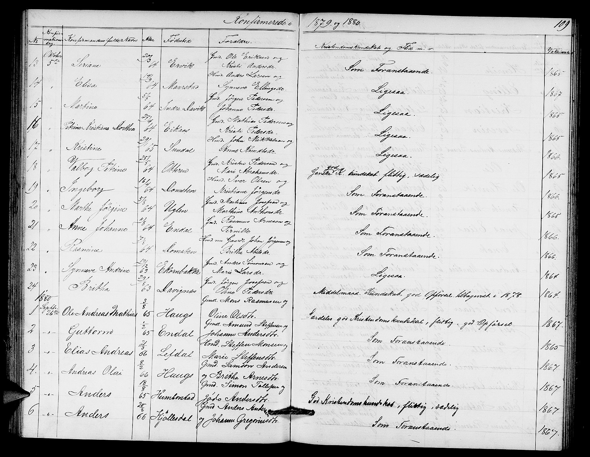 Davik sokneprestembete, AV/SAB-A-79701/H/Hab/Haba/L0001: Parish register (copy) no. A 1, 1866-1889, p. 109