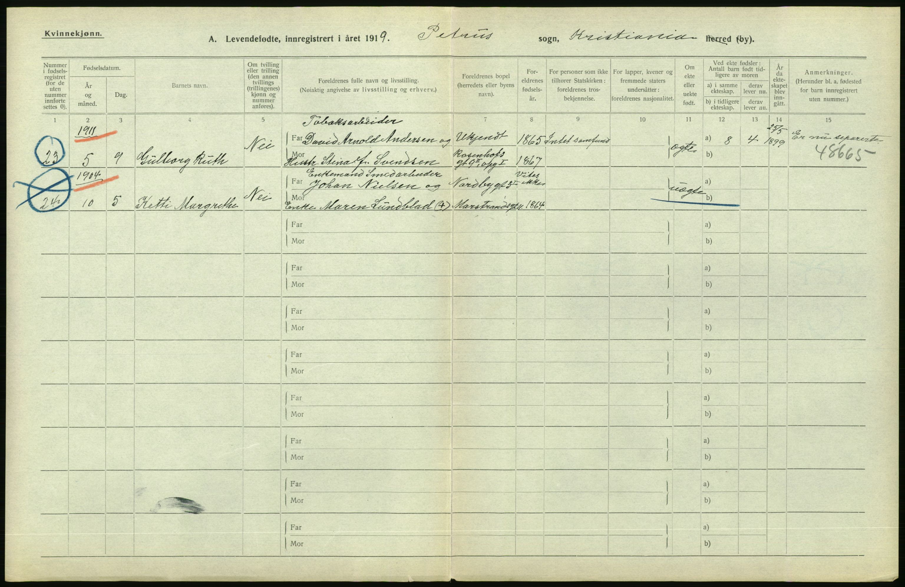 Statistisk sentralbyrå, Sosiodemografiske emner, Befolkning, AV/RA-S-2228/D/Df/Dfb/Dfbi/L0008: Kristiania: Levendefødte menn og kvinner., 1919