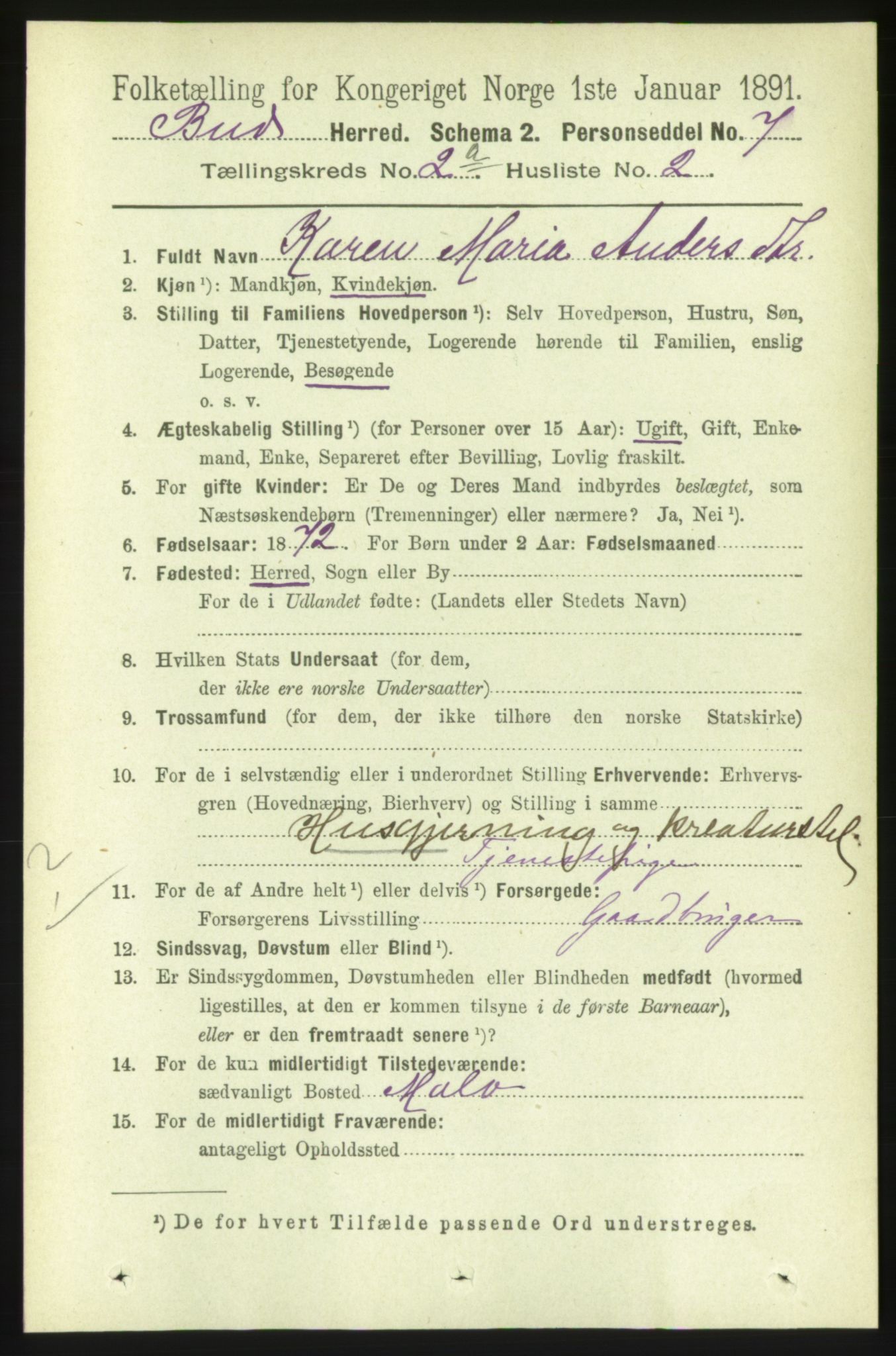 RA, 1891 census for 1549 Bud, 1891, p. 749