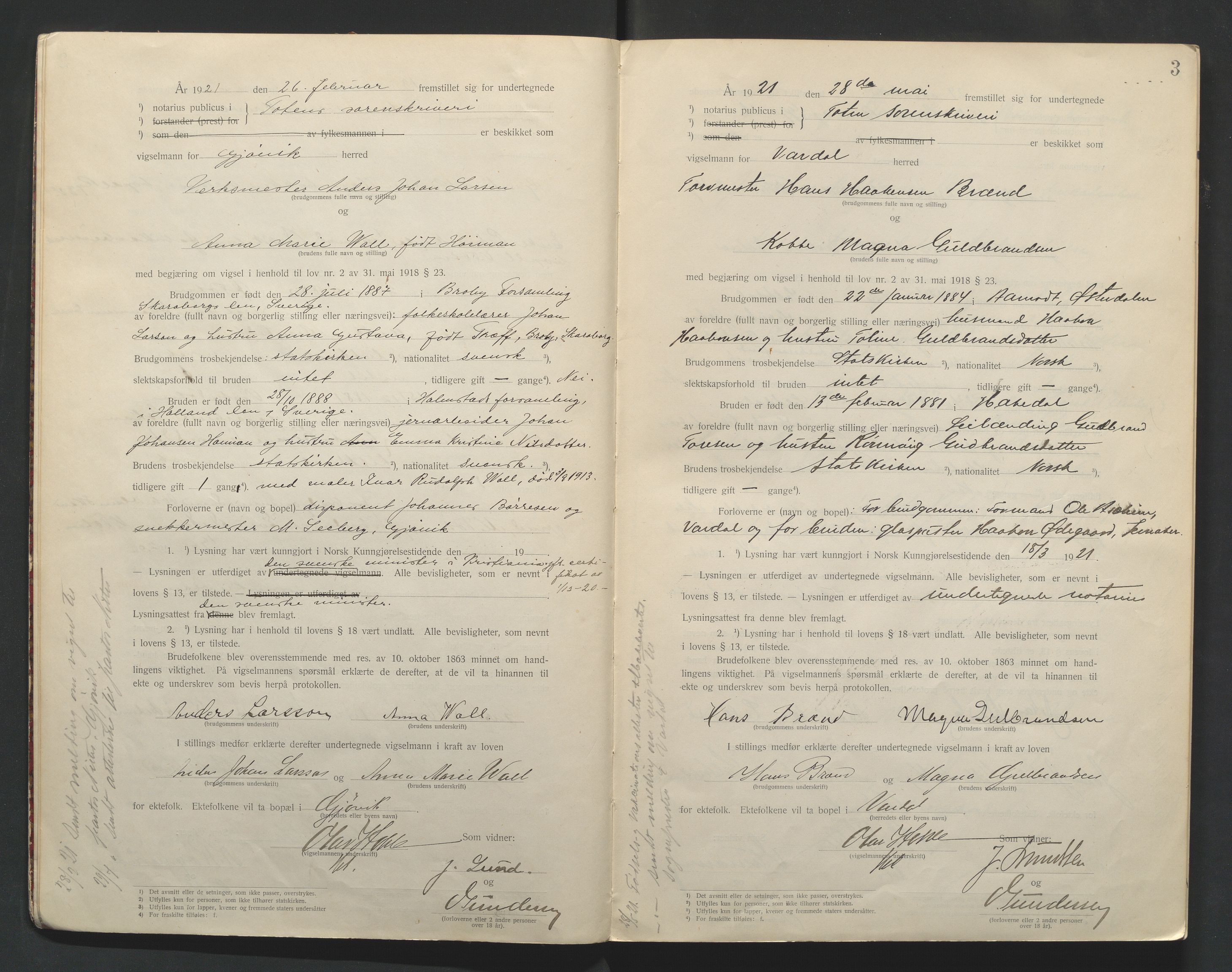 Toten tingrett, AV/SAH-TING-006/L/Lc/L0001: Vigselbok, 1920-1942, p. 3