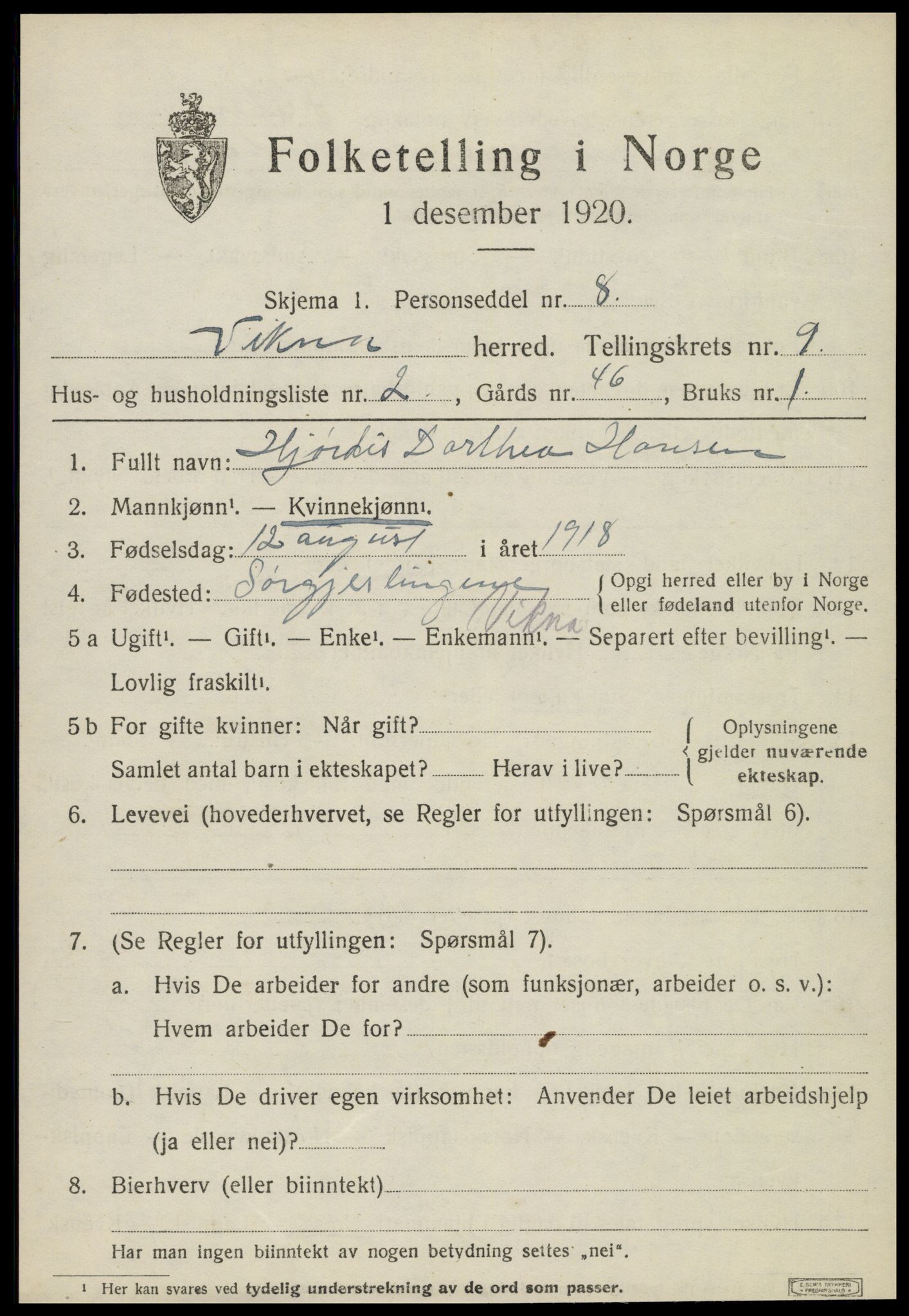 SAT, 1920 census for Vikna, 1920, p. 6463