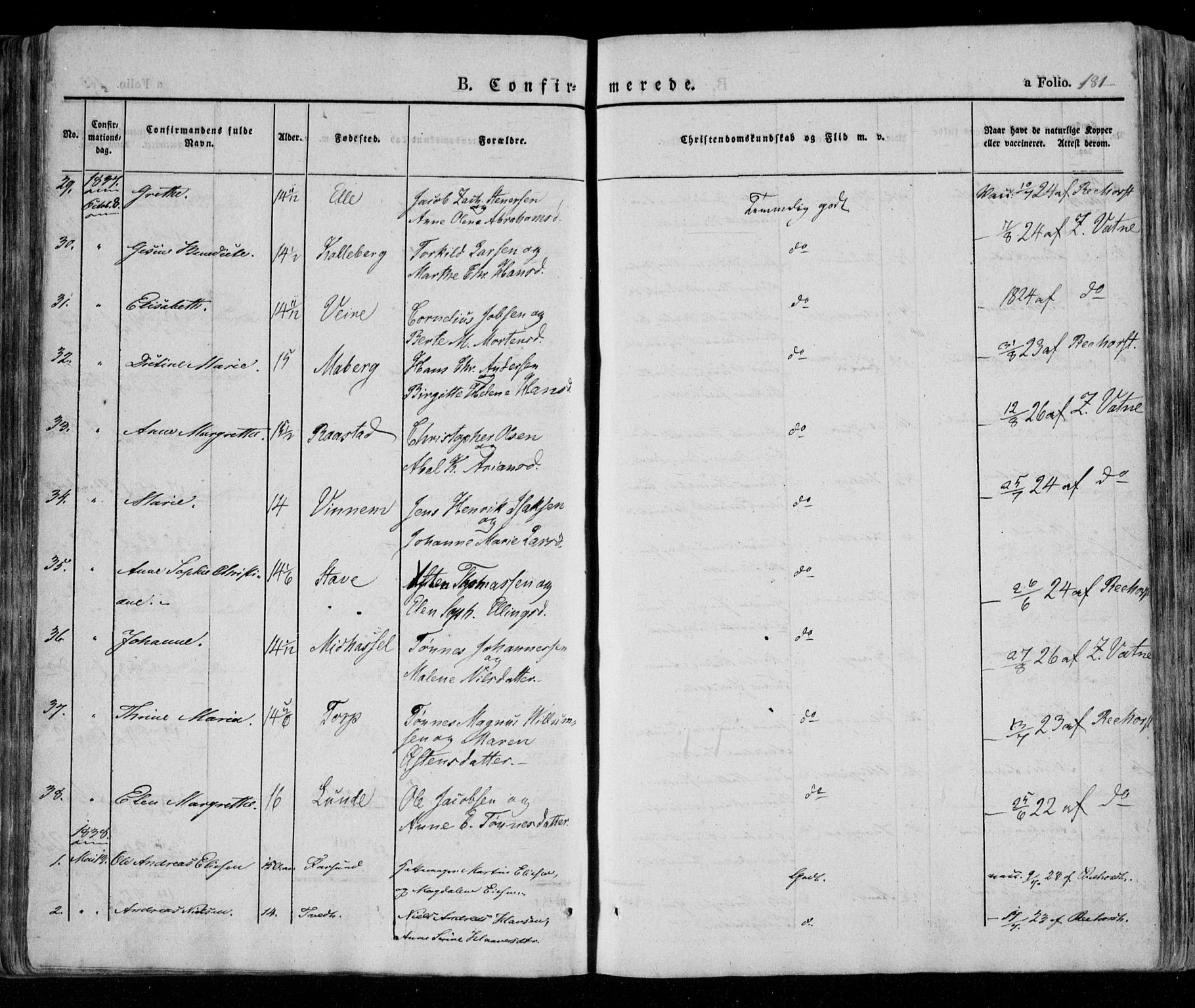 Lista sokneprestkontor, AV/SAK-1111-0027/F/Fa/L0009: Parish register (official) no. A 9, 1835-1846, p. 181