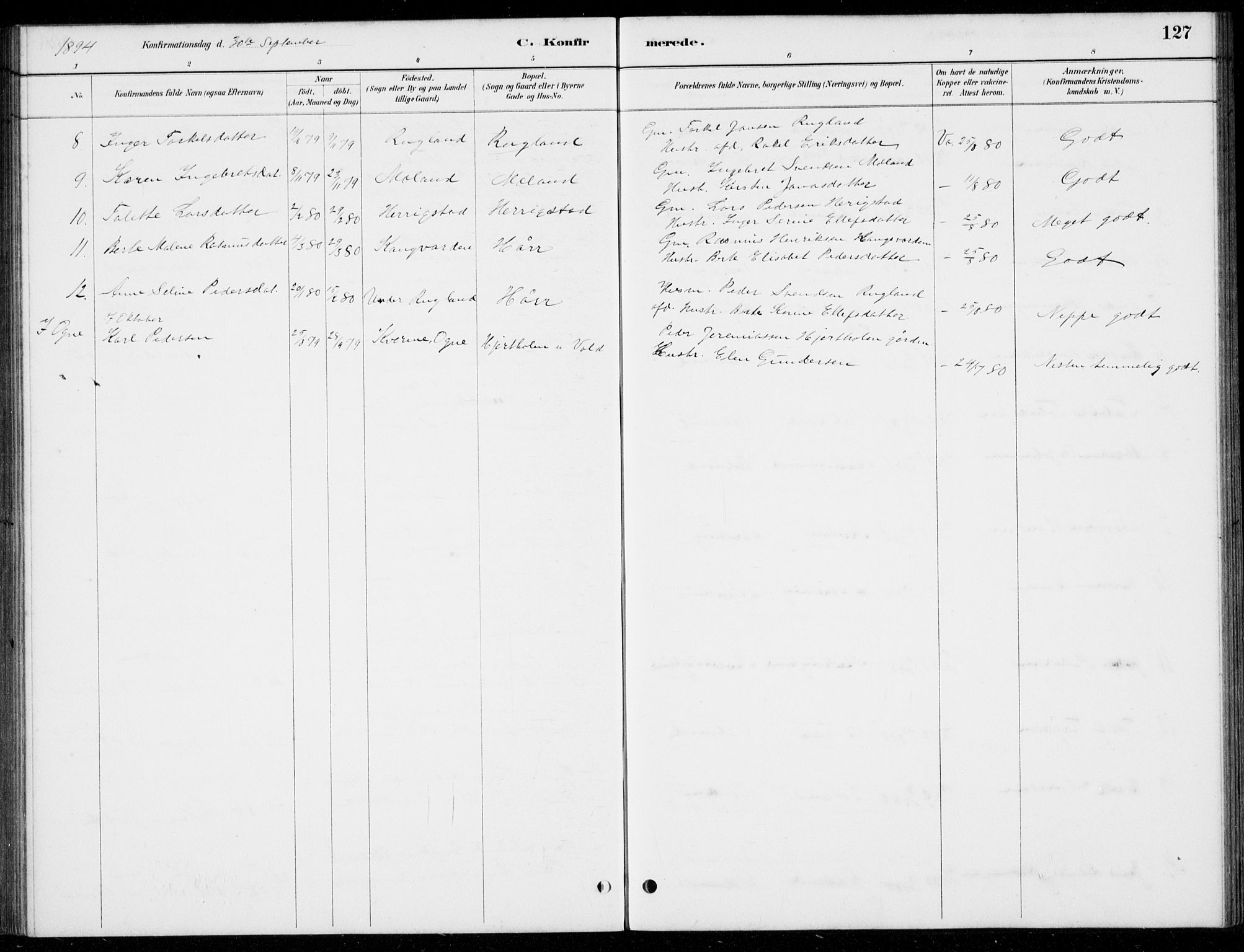 Hå sokneprestkontor, AV/SAST-A-101801/001/30BB/L0004: Parish register (copy) no. B 4, 1883-1899, p. 127