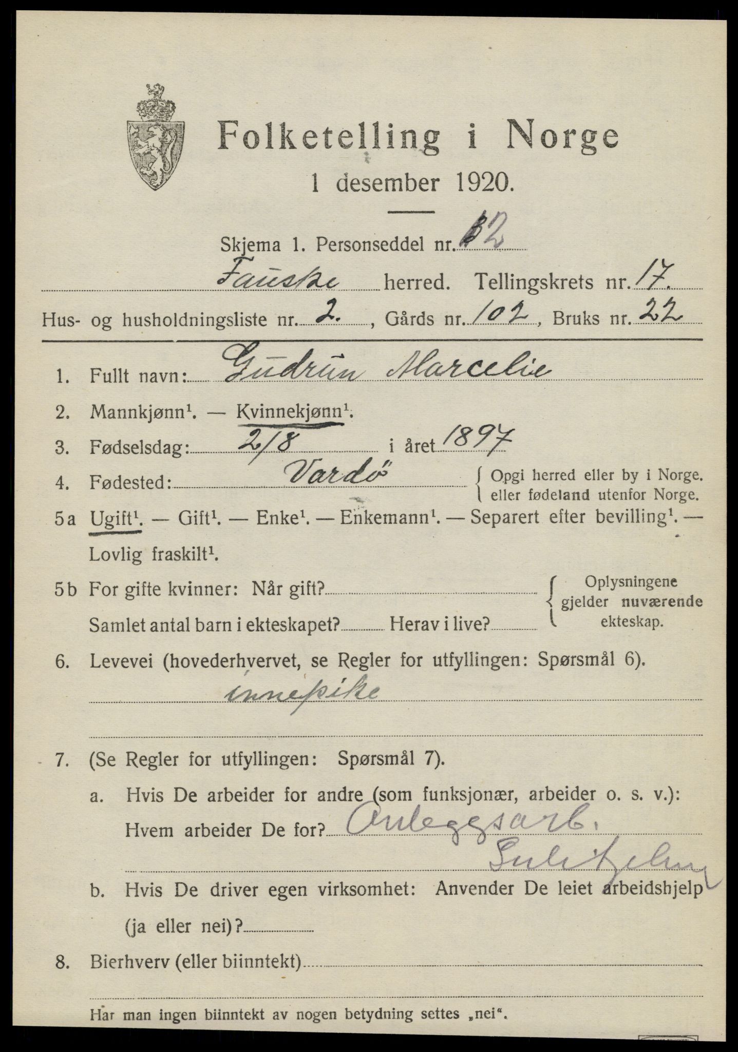 SAT, 1920 census for Fauske, 1920, p. 10460