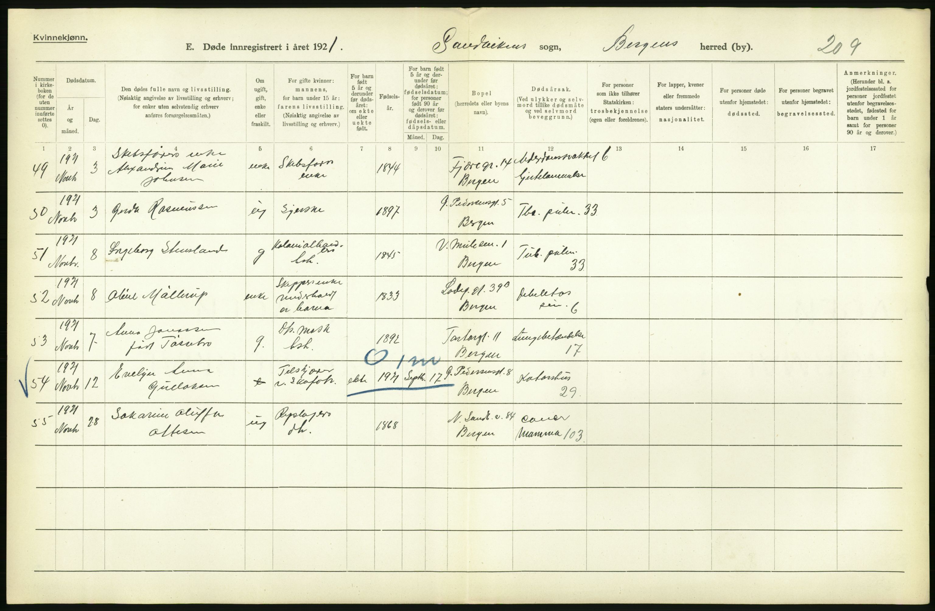 Statistisk sentralbyrå, Sosiodemografiske emner, Befolkning, AV/RA-S-2228/D/Df/Dfc/Dfca/L0036: Bergen: Døde., 1921, p. 318