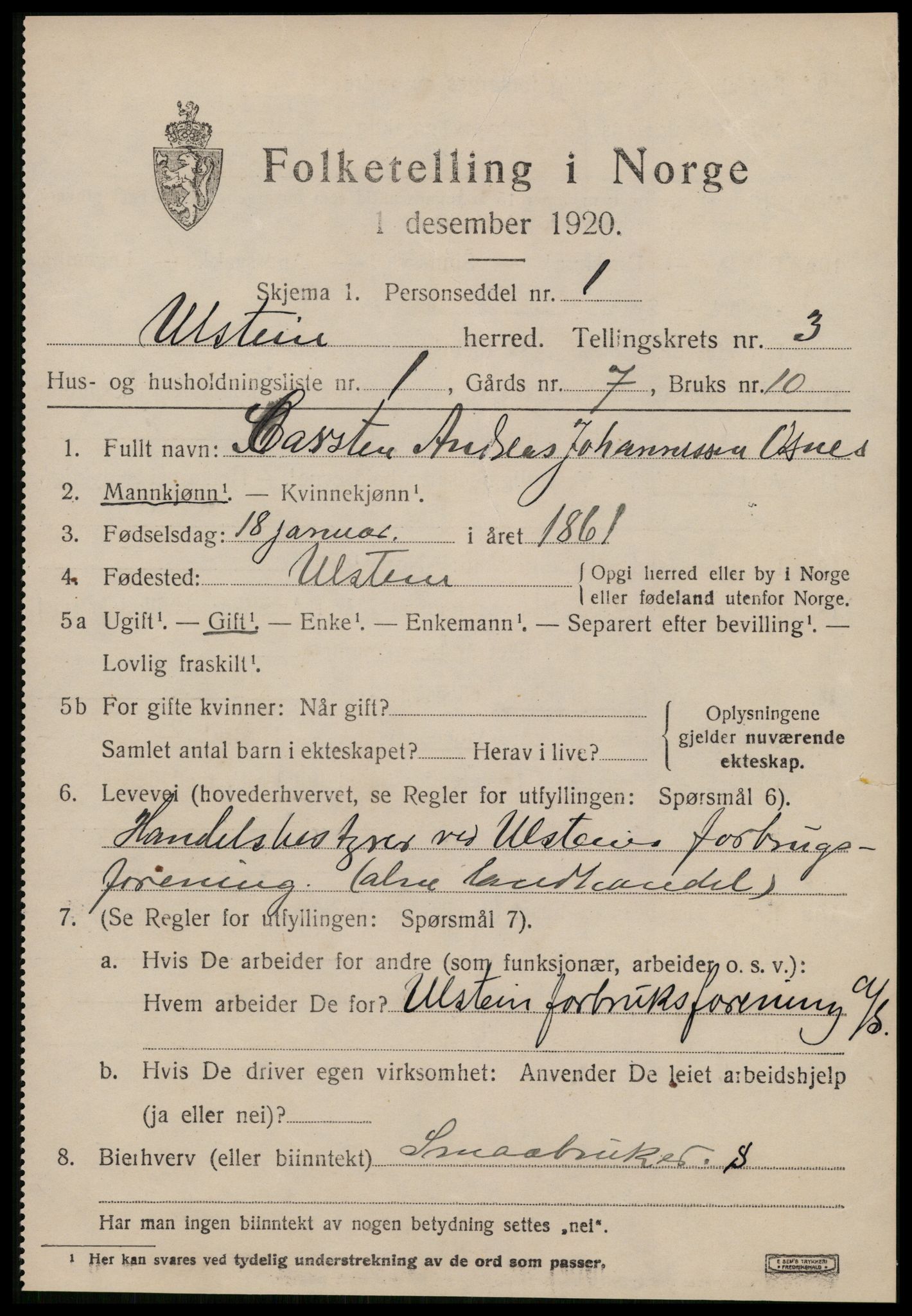 SAT, 1920 census for Ulstein, 1920, p. 1624